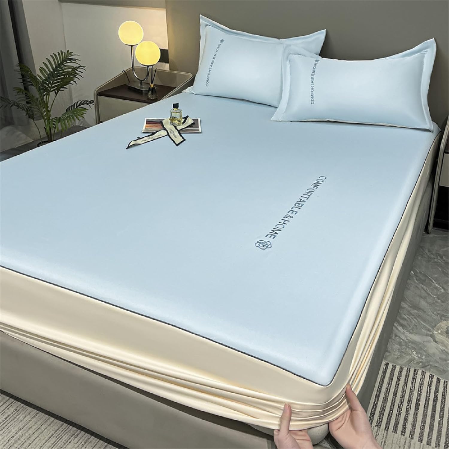 JIANINGHOME Satin Fitted Sheet 200 x 220 cm Satin Glossy Bed Sheet High