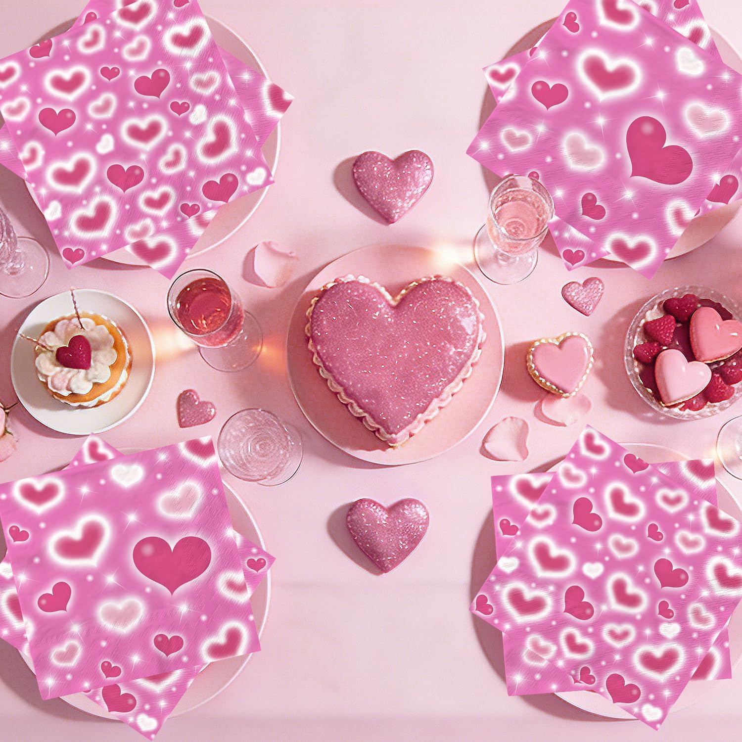 48pcs Pink Heart Valentine's Day Napkin Happy Valentine's Day Party Decoration Disposable Paper Napkin for Valentine Day, Anniversary,Wedding Table Decoration Table Decor,6.5 × 6.5inch