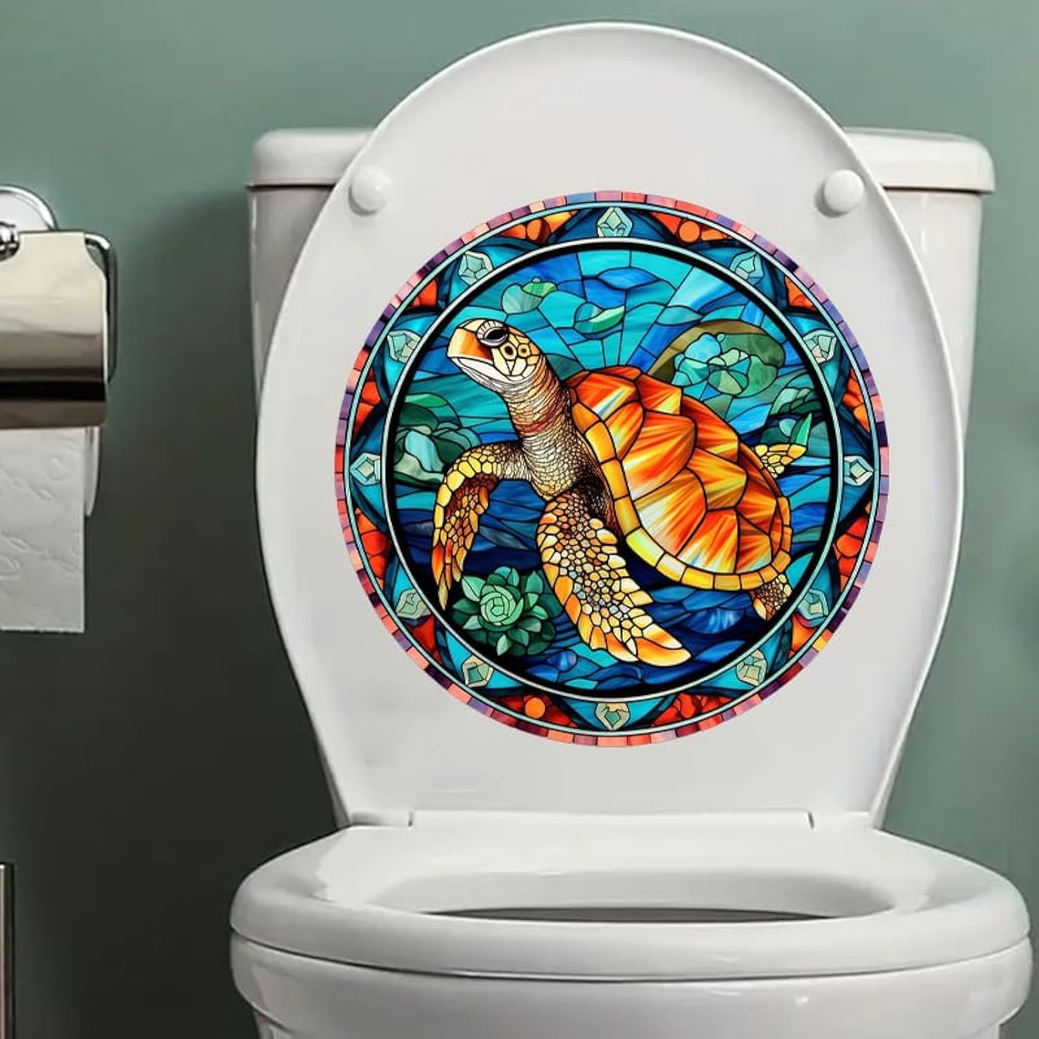 Hubangzhu Color Ful Turtle Flowers Toilet Cover Sticker Decals,Fish Bird Flower Leaf Waterproof Toilet Lid Tank Seat Decals Cistern Self-Adhesive Bathroom Wall Sticker