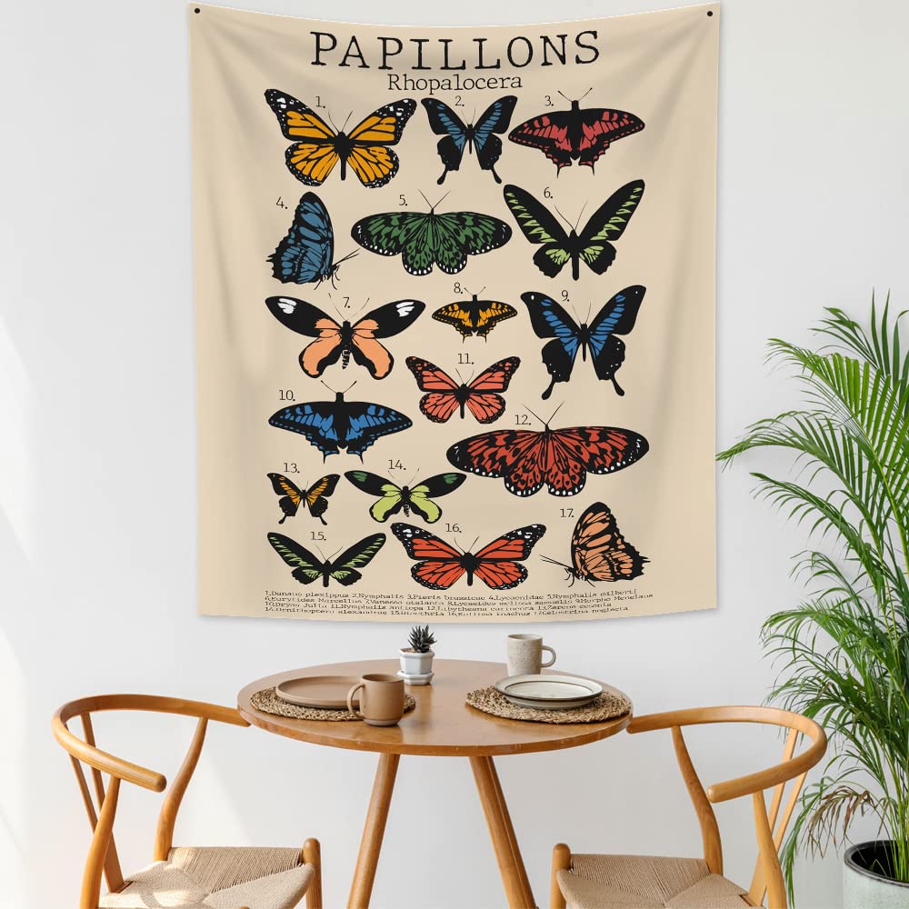 Baiyiguiyi Vintage Butterfly Tapestry, Butterfly Chart Wall Tapestry Beige Vertical Tapestry Butterfly Species Art Tapestry For Home Decor 51.2 x 59.1 Inches