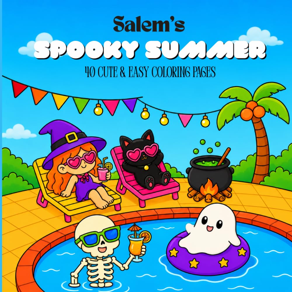 Salem's Spooky Summer: Coloring Book for Adults and Teens with a Cute Black Cat Enjoying Pools, Beach Days, Ice Cream, Ghostly Fun and Witchy Summer Adventures