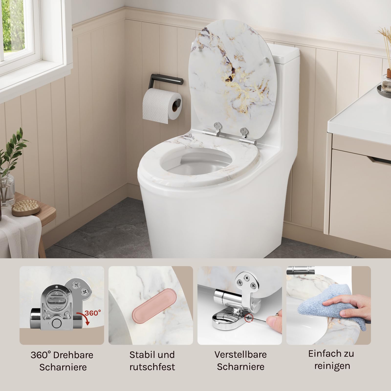 WOLTU Toilettendeckel mit Absenkautomatik Holz, Toilettensitz Klodeckel Klobrille WC Sitz O-Form mit Scharnieren, Quick-Release Funktion für leichte Reinigung