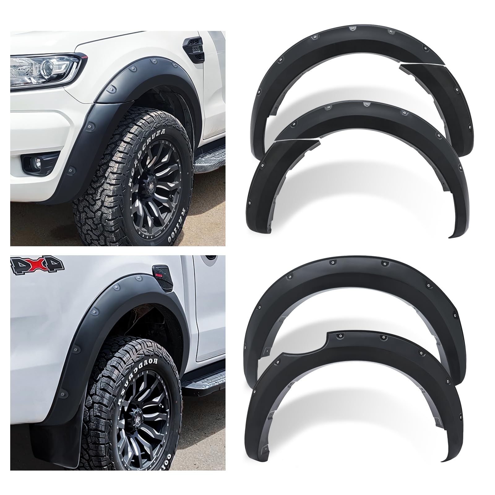 Fender Flare - Ampliador de Guardabarros para Ford Ranger 2015-2022 T7 T8 sin PDC, extensión extra ancha para guardabarros (remachado)
