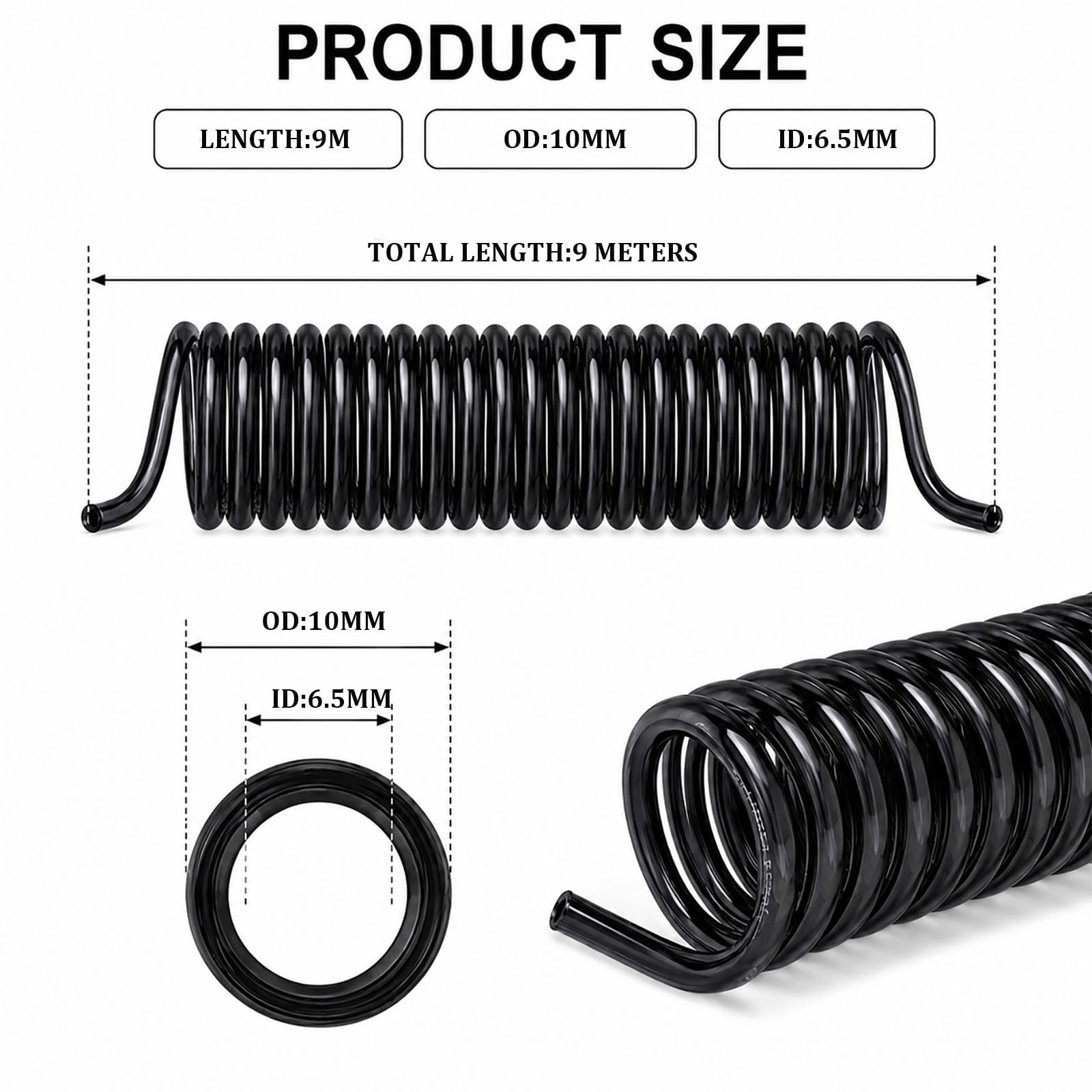 Tubo dell'aria a spirale in PU nero 10mm OD 6,5mm ID Lunghezza 3-15 metri
