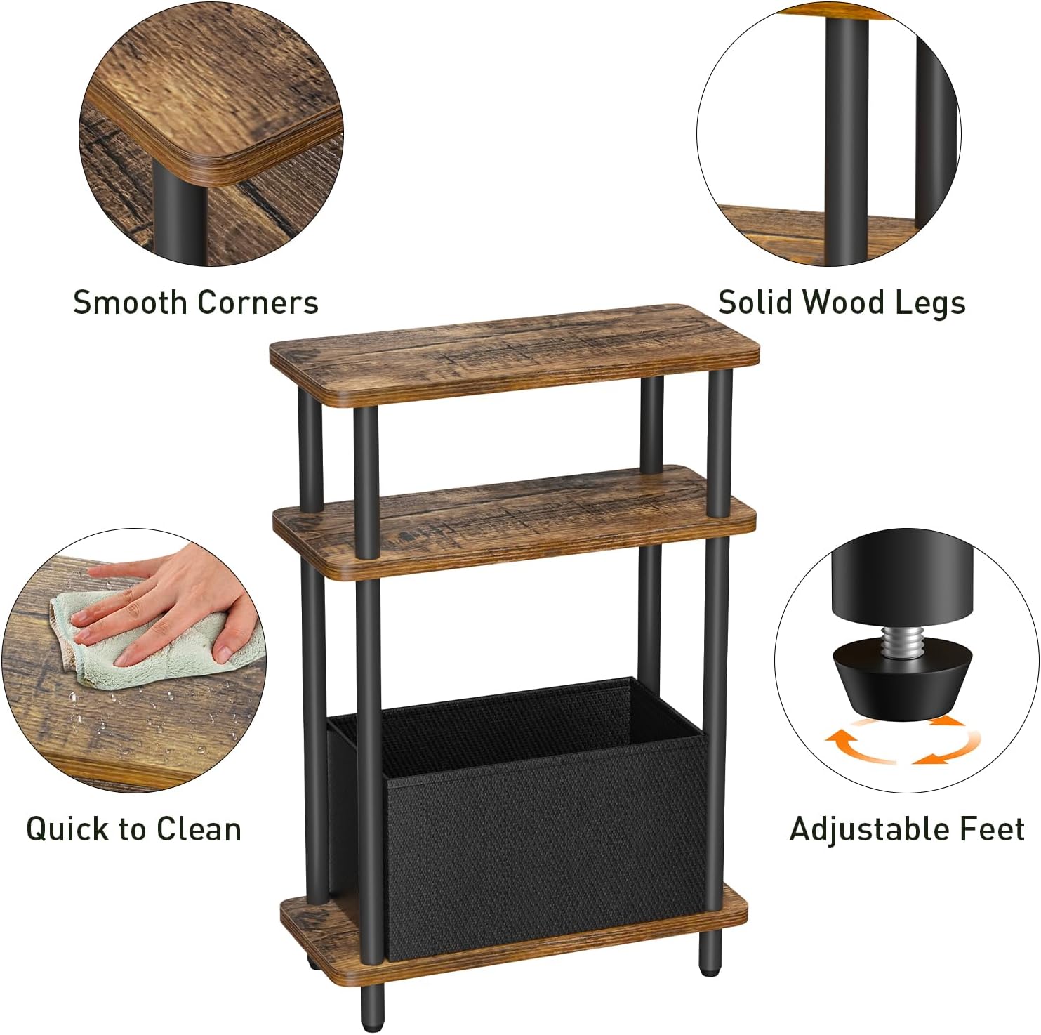 THUMEYE Narrow Side Table with Fabric Basket, 7" Wide, 3 Tier Skinny End Table with Wood Legs, Slim Nightstand/Bedside Table for Small Spaces, with Adjustable Feet, 15.7" L x 23" H