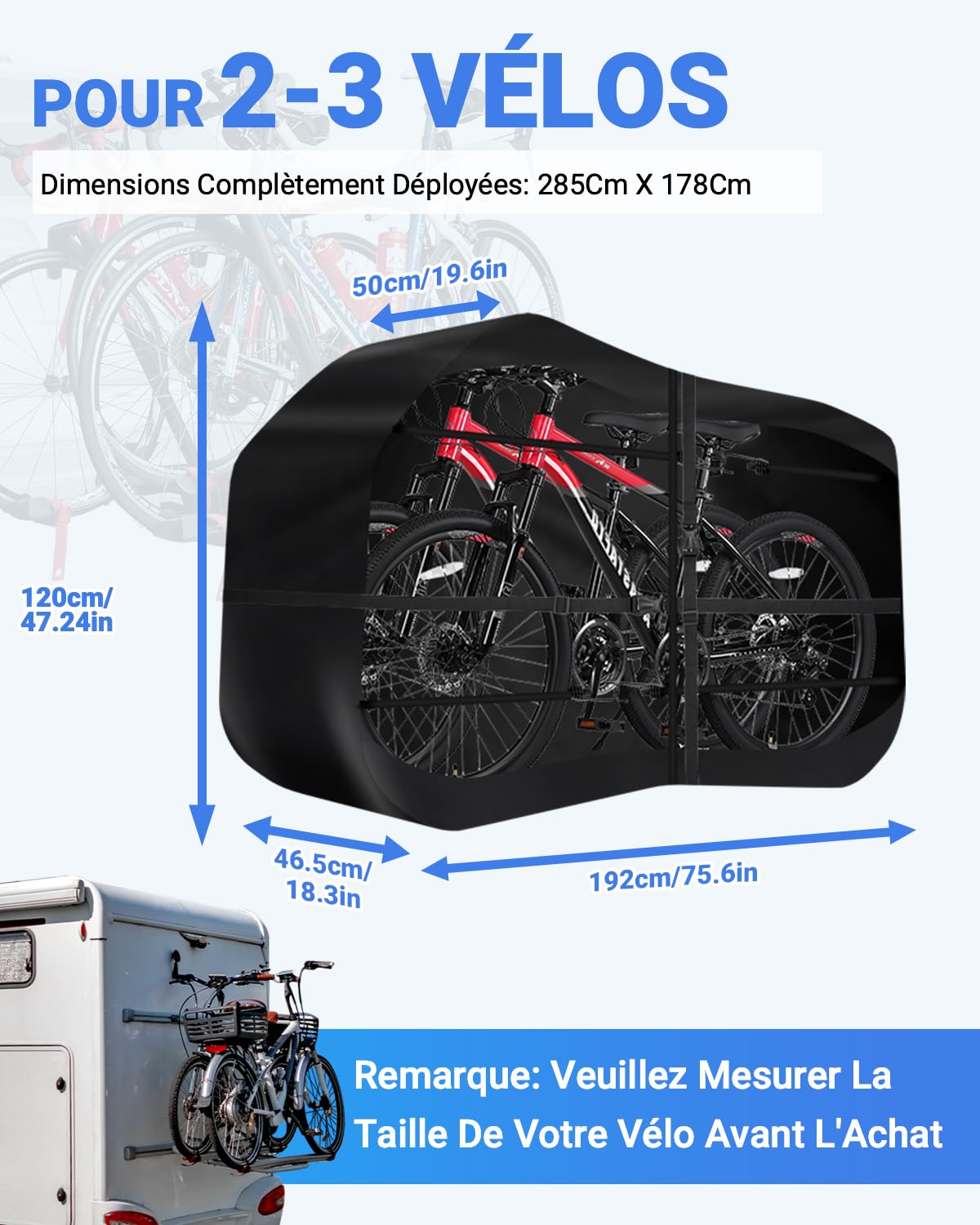 SUPAREE Housse de Protection Velo Exterieur Housse Velo Transport Porte Velo Bache Velo pour Camping Car pour 2 à 3 Vélos 420D Oxford Heavy Duty Impermeable pour Voiture Voyages