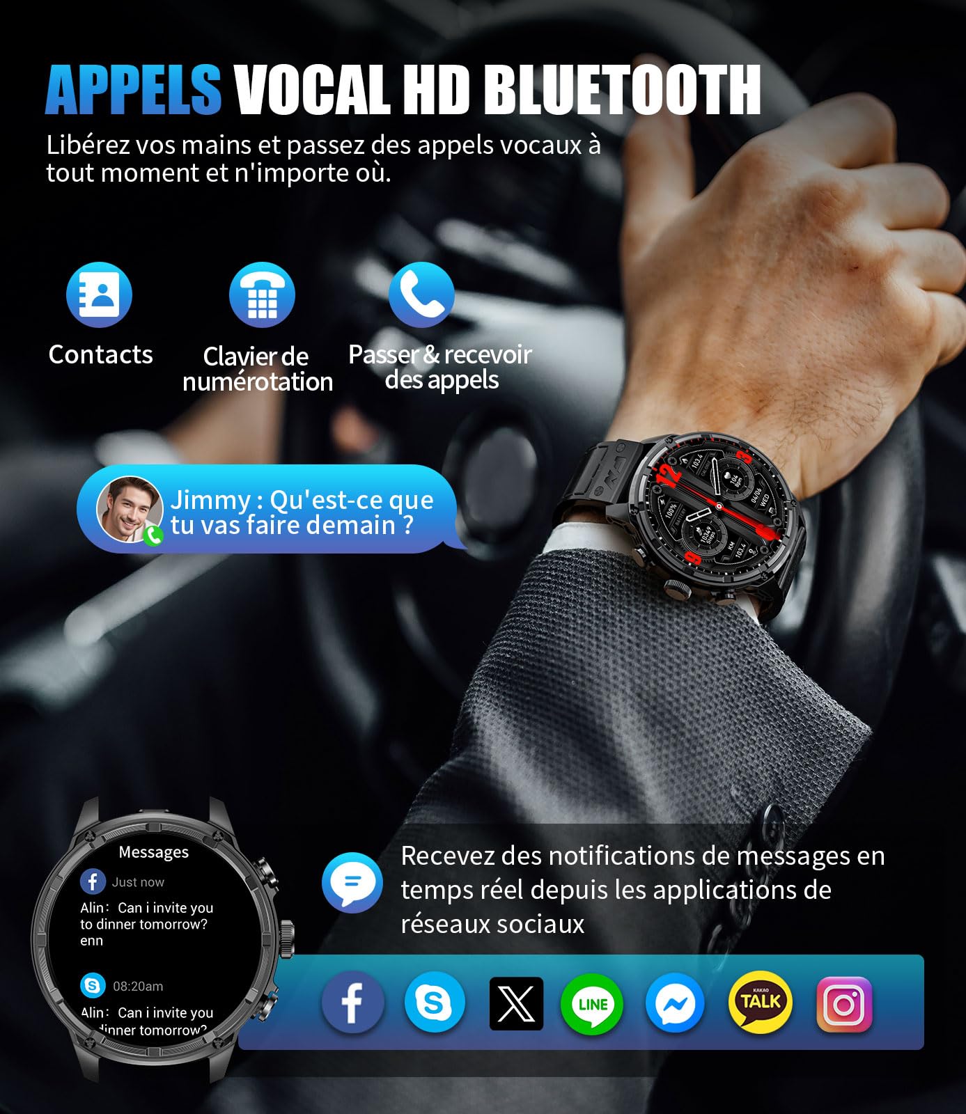 Montre Connectée Homme, Smartwatch Homme LED Lampe 1,85'' Écran HD Longue Autonomie, Montre Intelligente Santé Cardiaque Sommeil Tension Artérielle 120+ Modes Sportifs