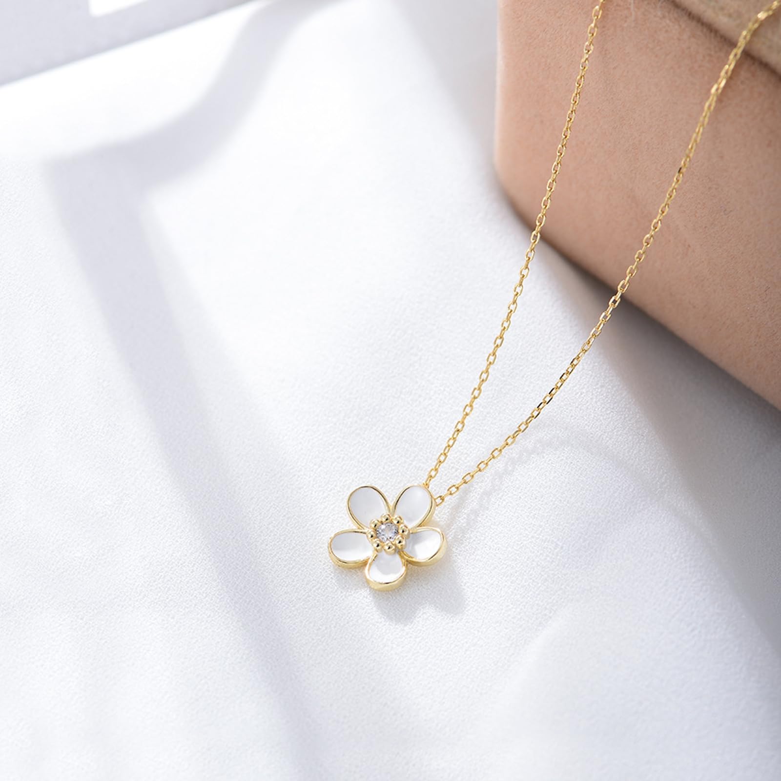 Collar con colgante de flor para mujer, cadena de oro amarillo de 9 quilates, 14 quilates, 18 quilates con diamante, collar con colgante individual para ella, 40 + 5 cm