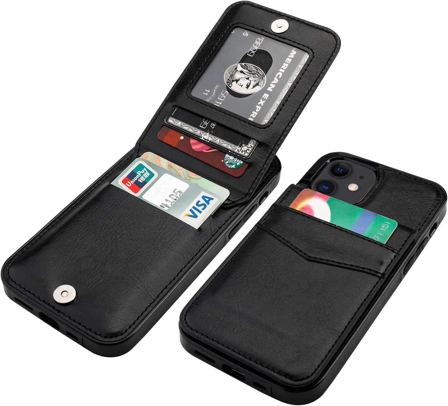 KIHUWEY Compatible with iPhone 12 Compatible with iPhone 12 Pro Case Wallet with Credit Card Holder, Premium Leather Magnetic Clasp Kickstand Heavy Duty Protective Cover 6.1 inch(Black)