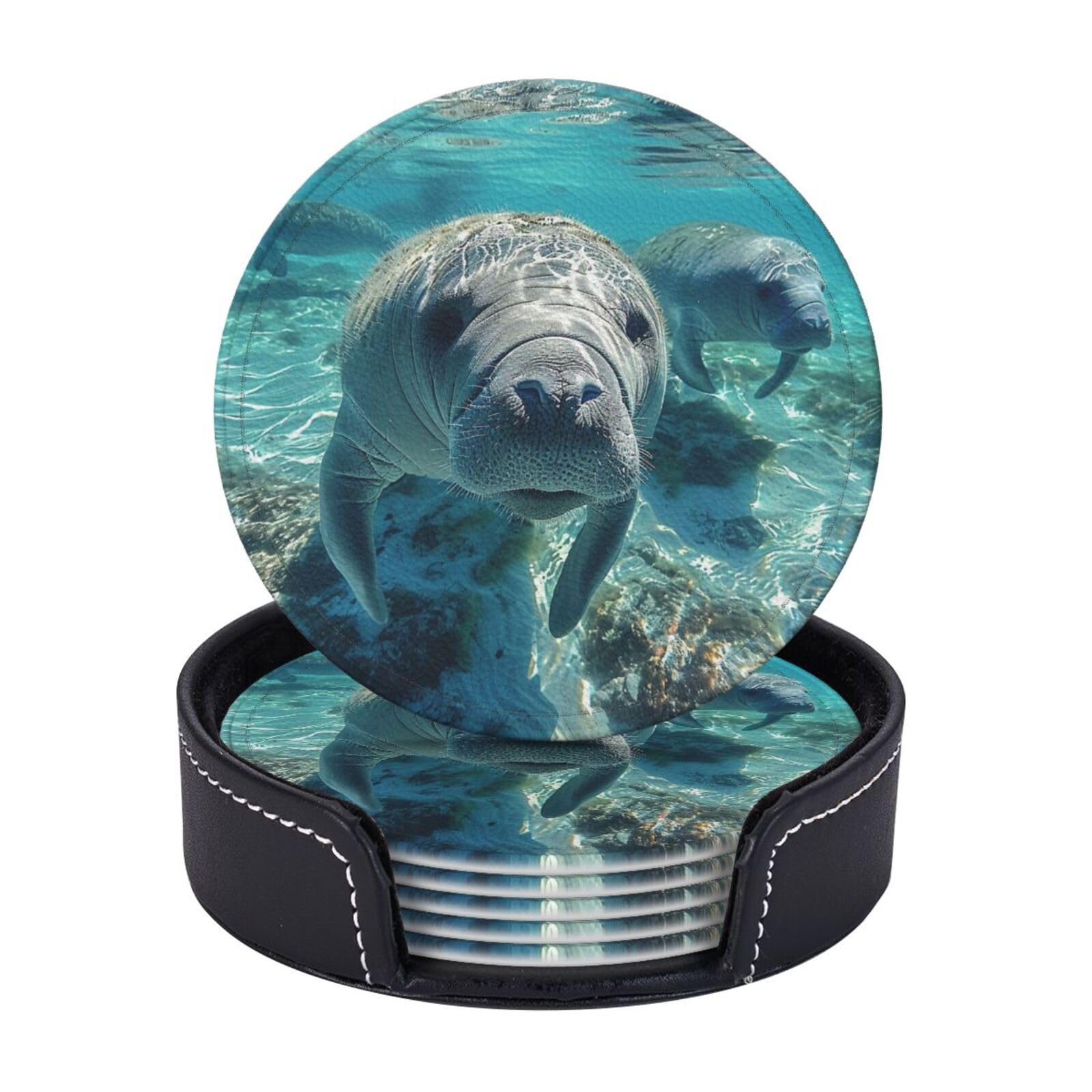 Drink Coasters Set of 6 Coffee Leather Coaster with Holder Ocean Animal Manatee Coasters for Drinks Coffee Cup Mat Heat Resistant Tabletop Protection Coaster Desk Accessorie Home Decorative