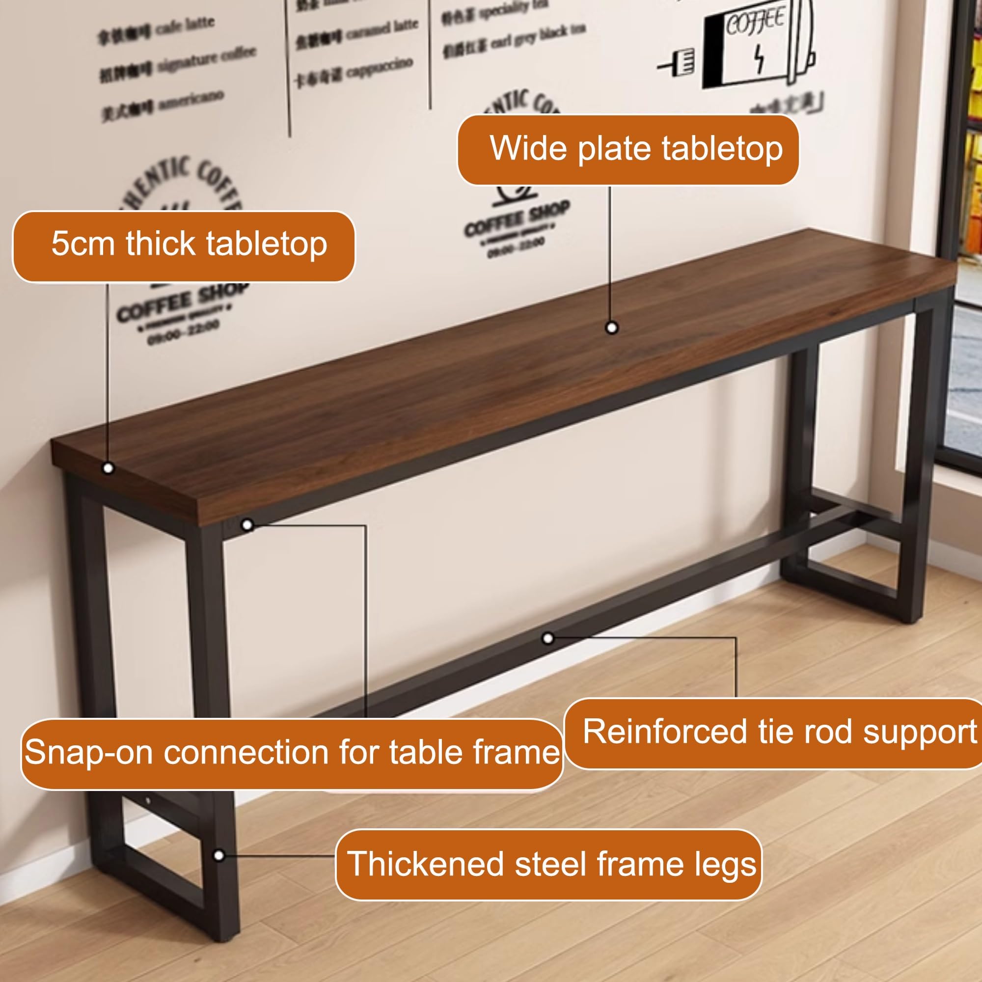 Tavolo da bar in legno massello stretto – 180,3 cm altezza bancone tavolo da pub con base in metallo per cucina, caffetteria, sala da pranzo – design moderno (sedie non incluse)
