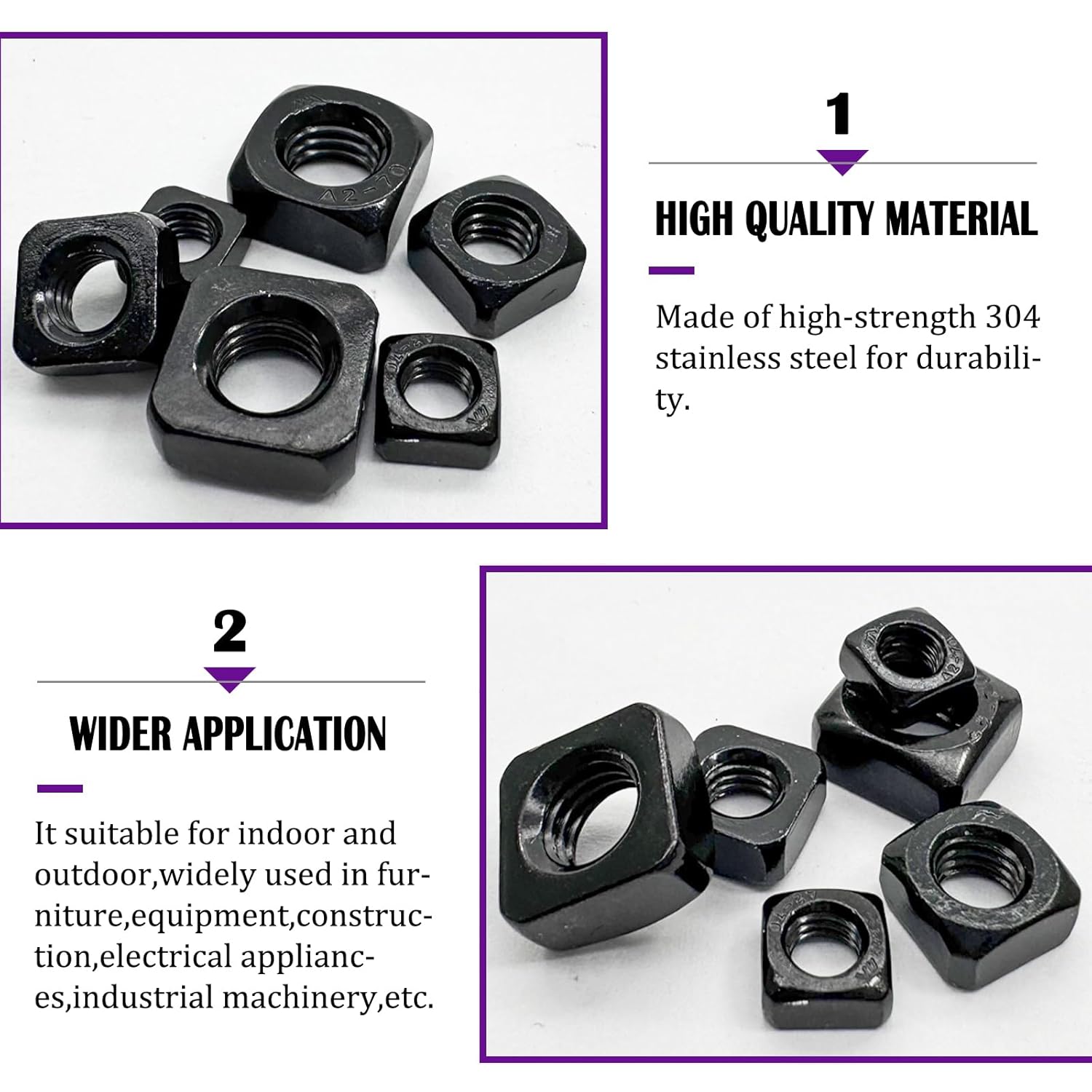 M6 Square Nuts,Black 304 Stainless Steel Square Nuts,Durable Fasteners for Home Repairs and Professional Engineering(50Pcs)