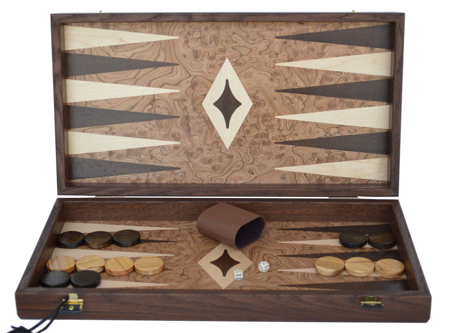 Manopoulos Walnut Burl Traditional 19" Backgammon Set - Olive Checkers