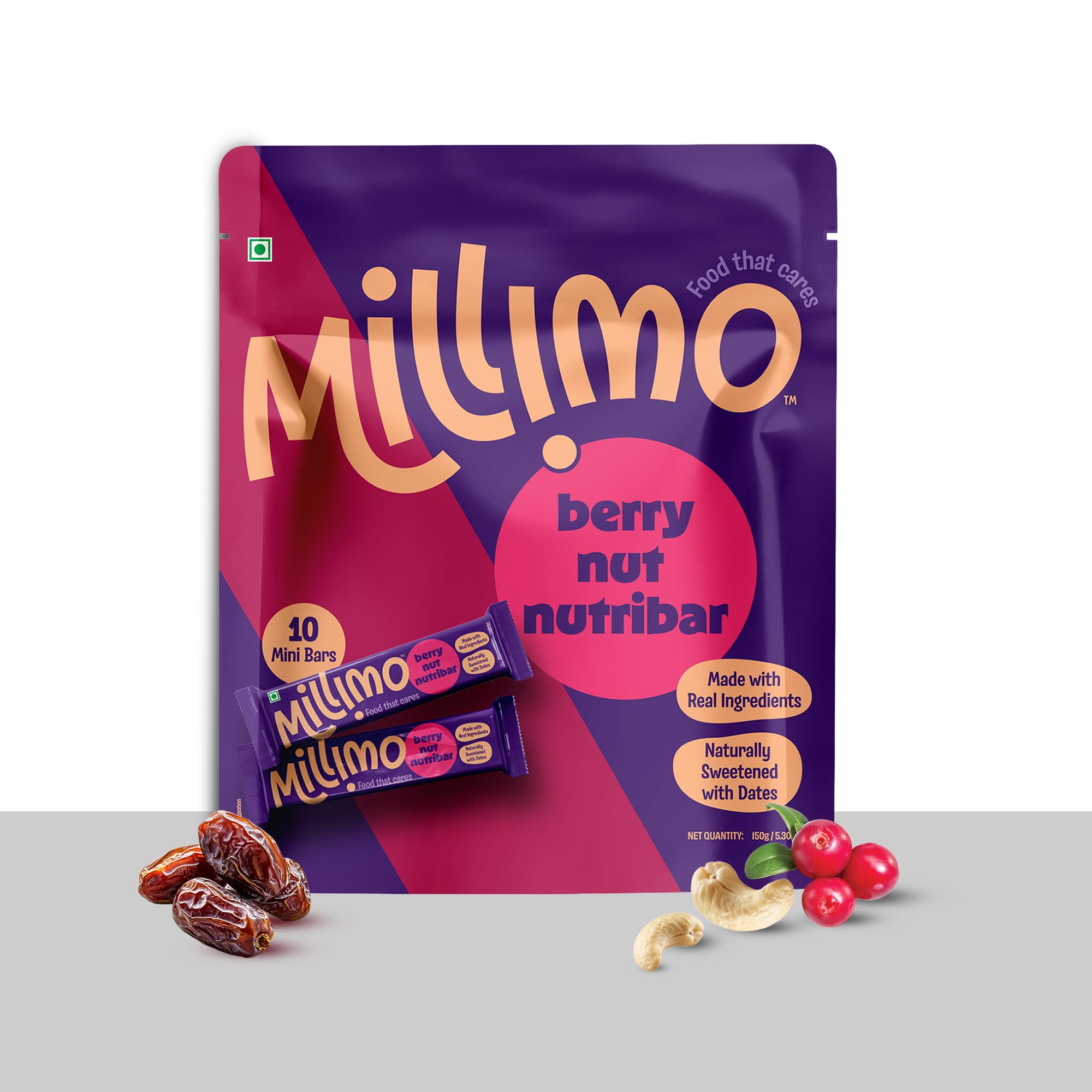 Millimo Kids Nutribar – Berry Nut, 150g | Natural Protein & Fibre from Real Ingredients | Dates, Cranberries, Almonds, Cashews | No Refined Sugar