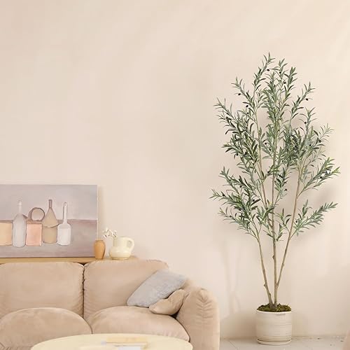 Miniatura 4 de Realead Árbol de olivo artificial de 7 pies, olivos artificiales altos para interiores, gran planta de olivo falso con maceta para decoración del