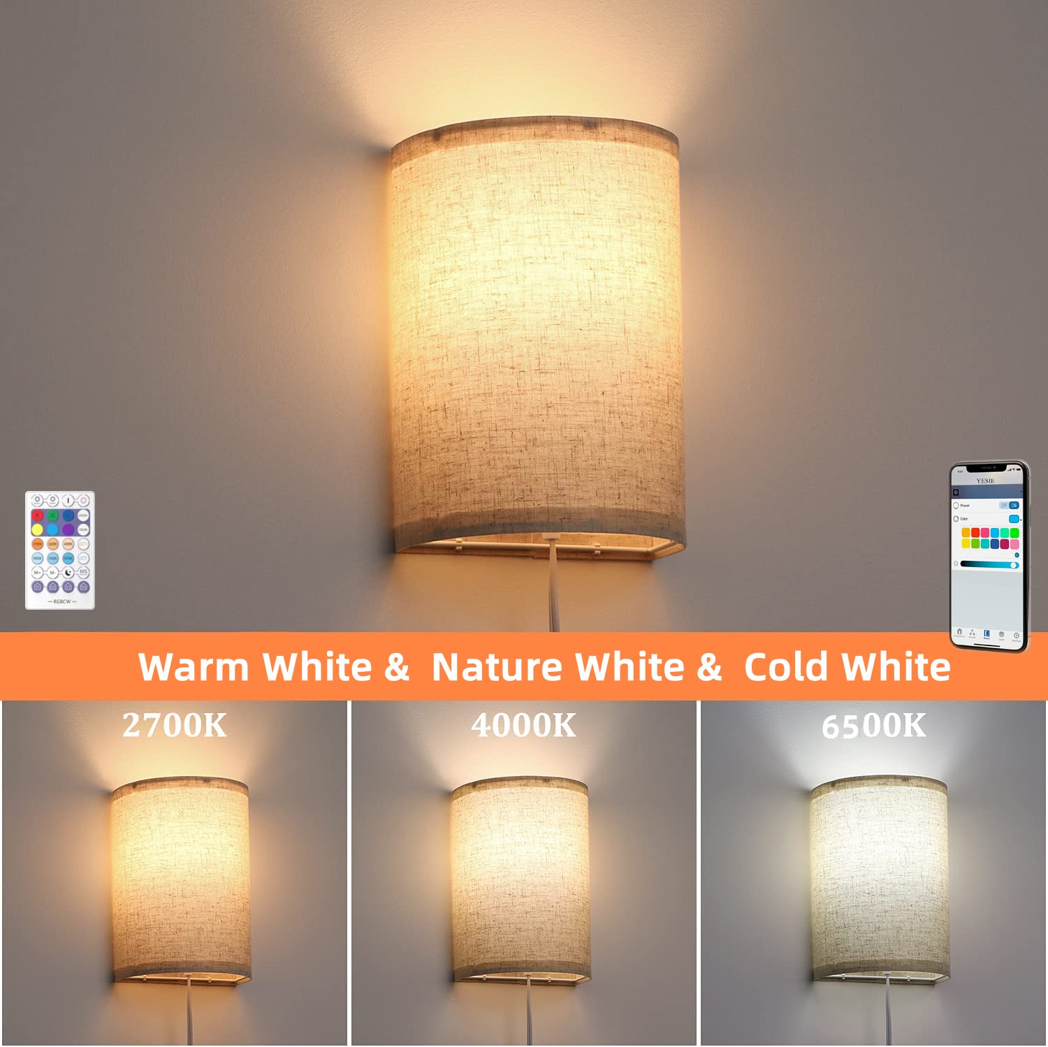 Plug in Wall Sconces Set of Two, APP & Remote Control, 16 RGB Colors+2700K-6500K, Cord Switch, 2X60W Equivalent Wall Lamp, Works with Alexa Google Assistant, Fabric Linen Shade,No Wiring Required
