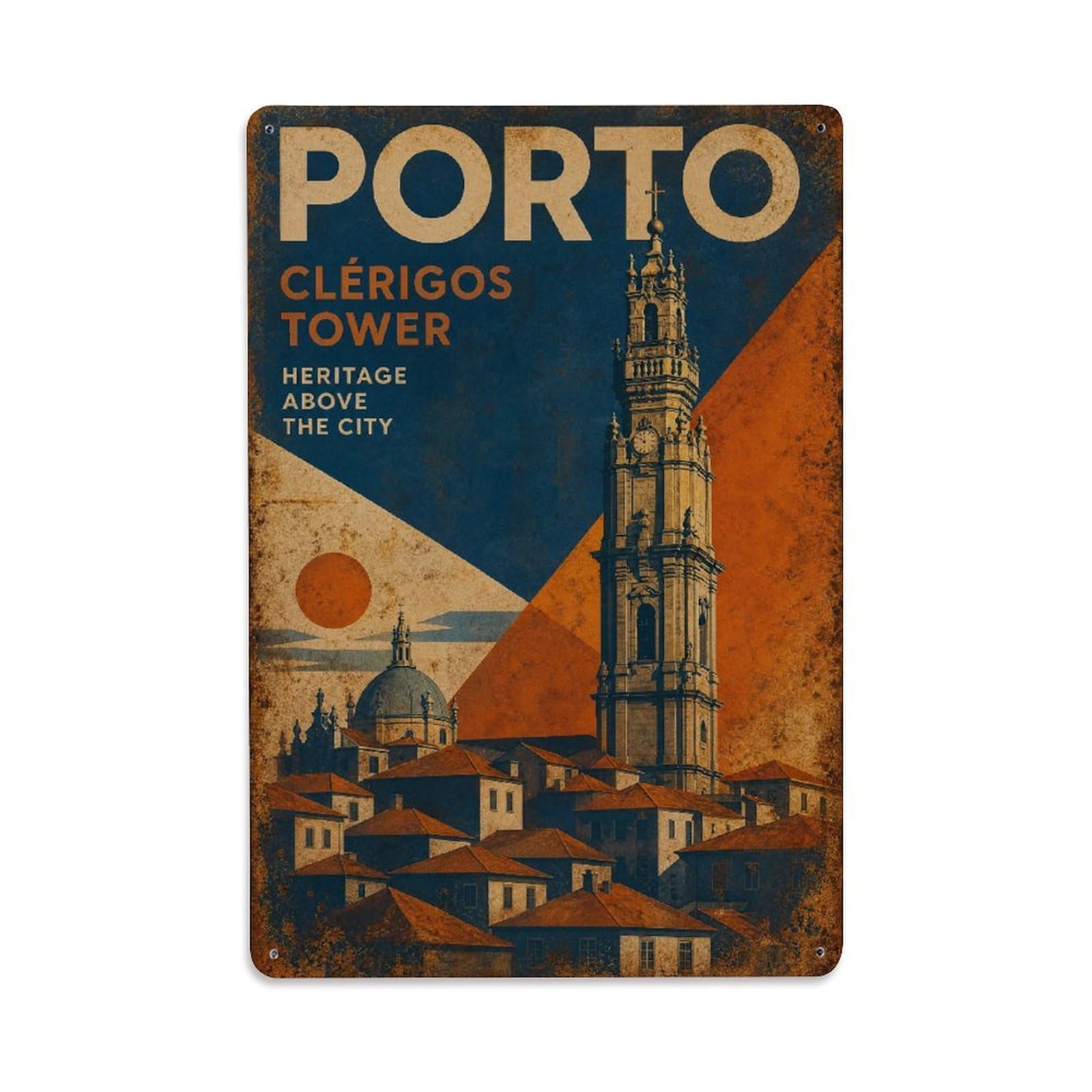 Yrnq 08X12inch Vintage Style Vintage Clerigos Tower Baroque Architecture Portugal Metal Tin Sign