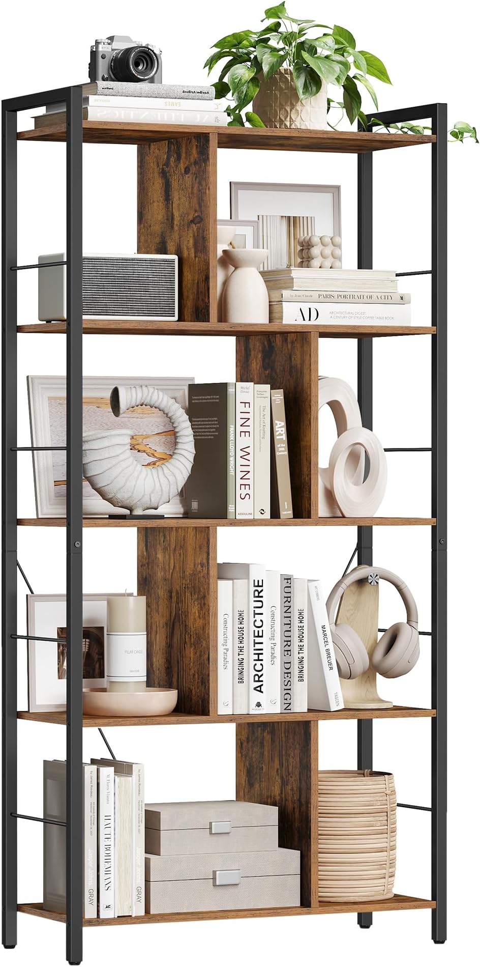 Storage Unit, Bookcase, 5 Tiers, Open Compartments, Office Living Room, Bedroom, Industrial Style, Rustic Brown and Black LBC121B01