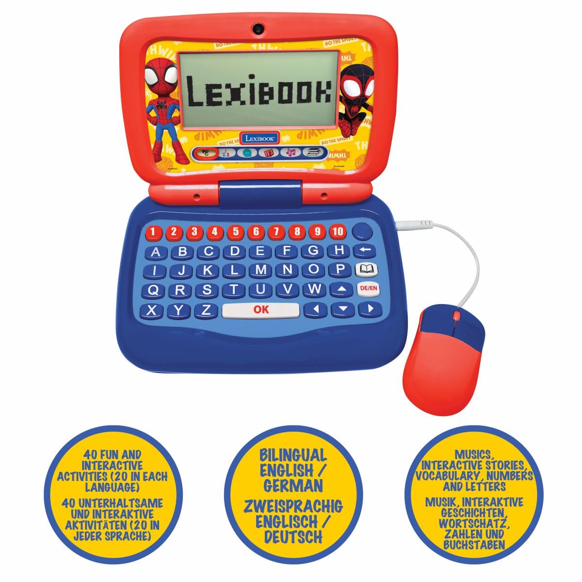 Lexibook, Spidey Bilingual JC398SPi3LXB - Ordenador de Aprendizaje con 40 Actividades, Ordenador Educativo en inglés/alemán, 3 Historias animadas, método de Lectura, Juegos y música, Azul/Rojo