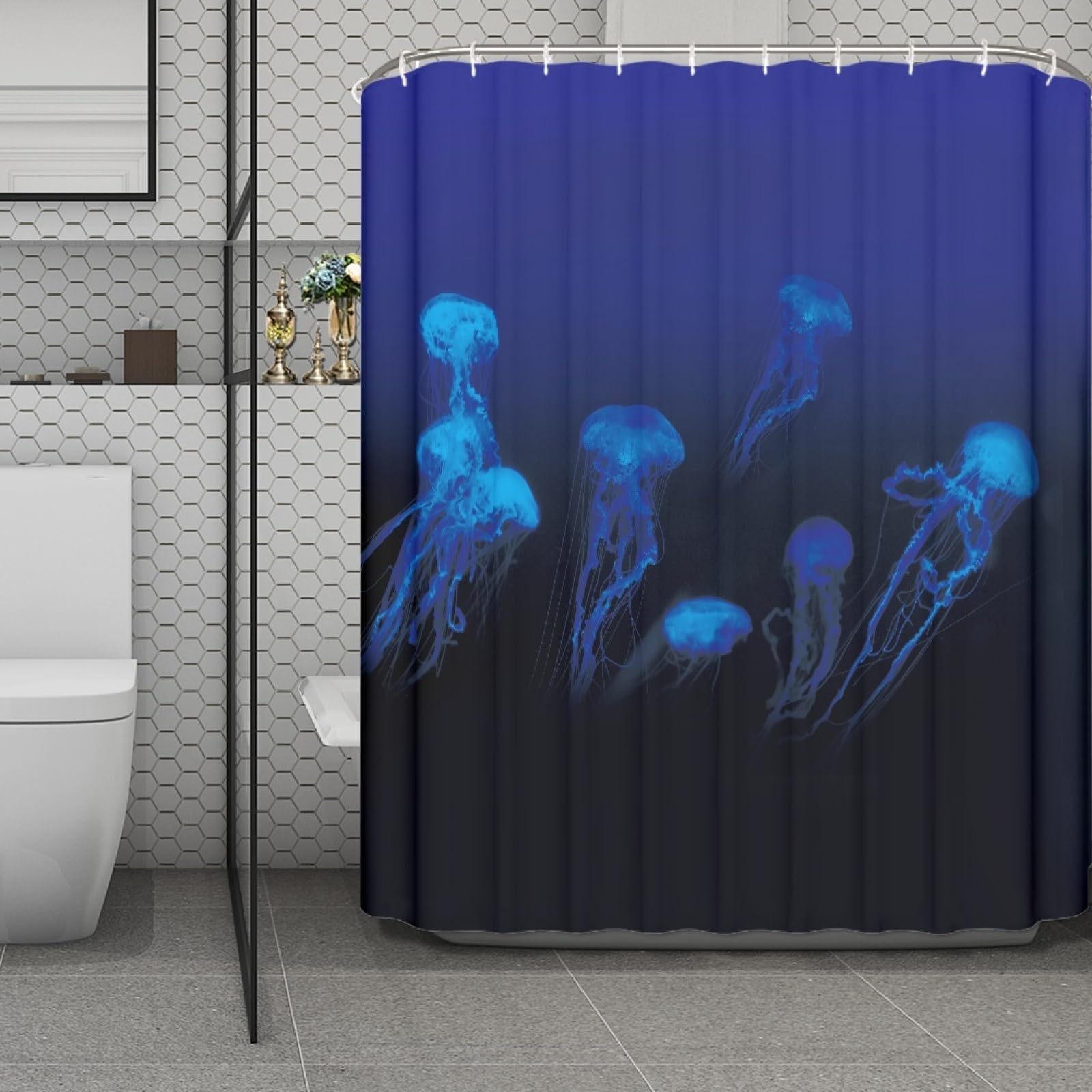 Rideau douche 180x200 méduse bleue imperméable et lavable en tissu