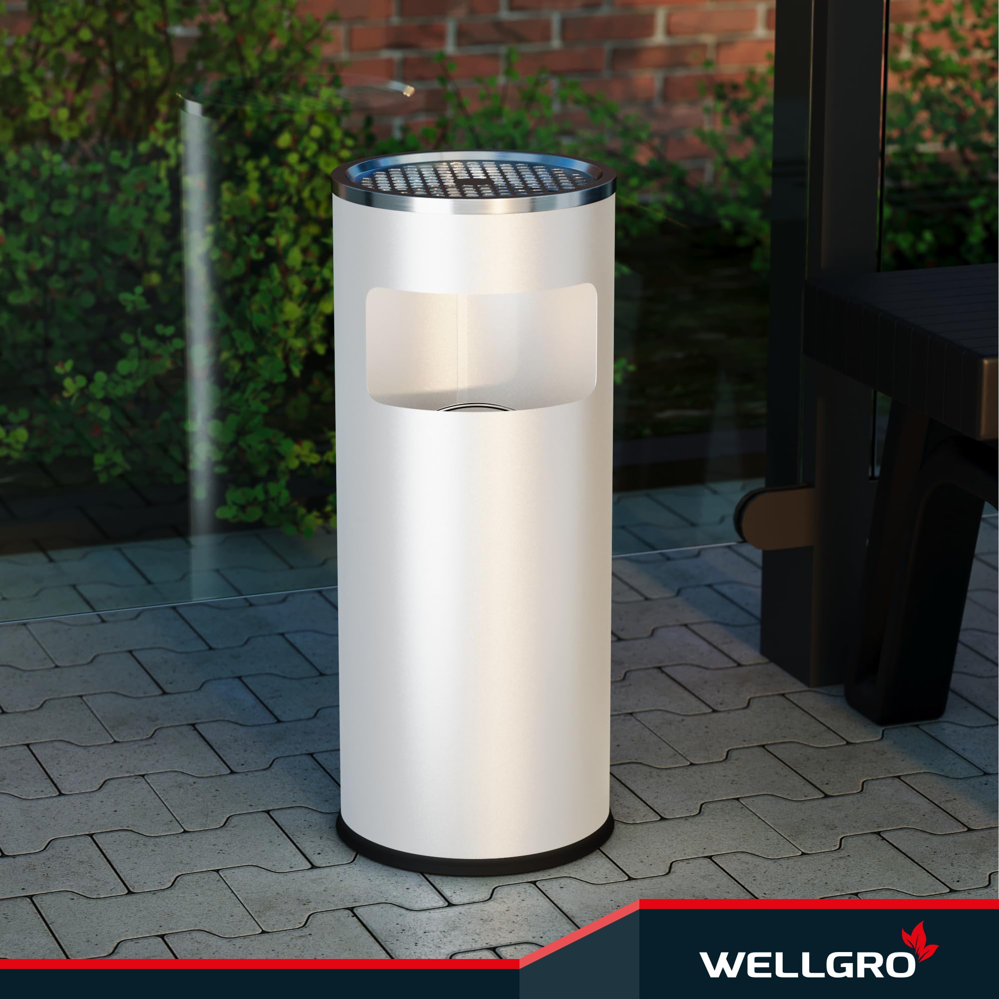 WELLGRO 2 in 1 Standaschenbecher Edelstahl für draußen – Wetterfester Standascher weiß mit Mülleimer & Abfalleimer, großer Aschenbecher für