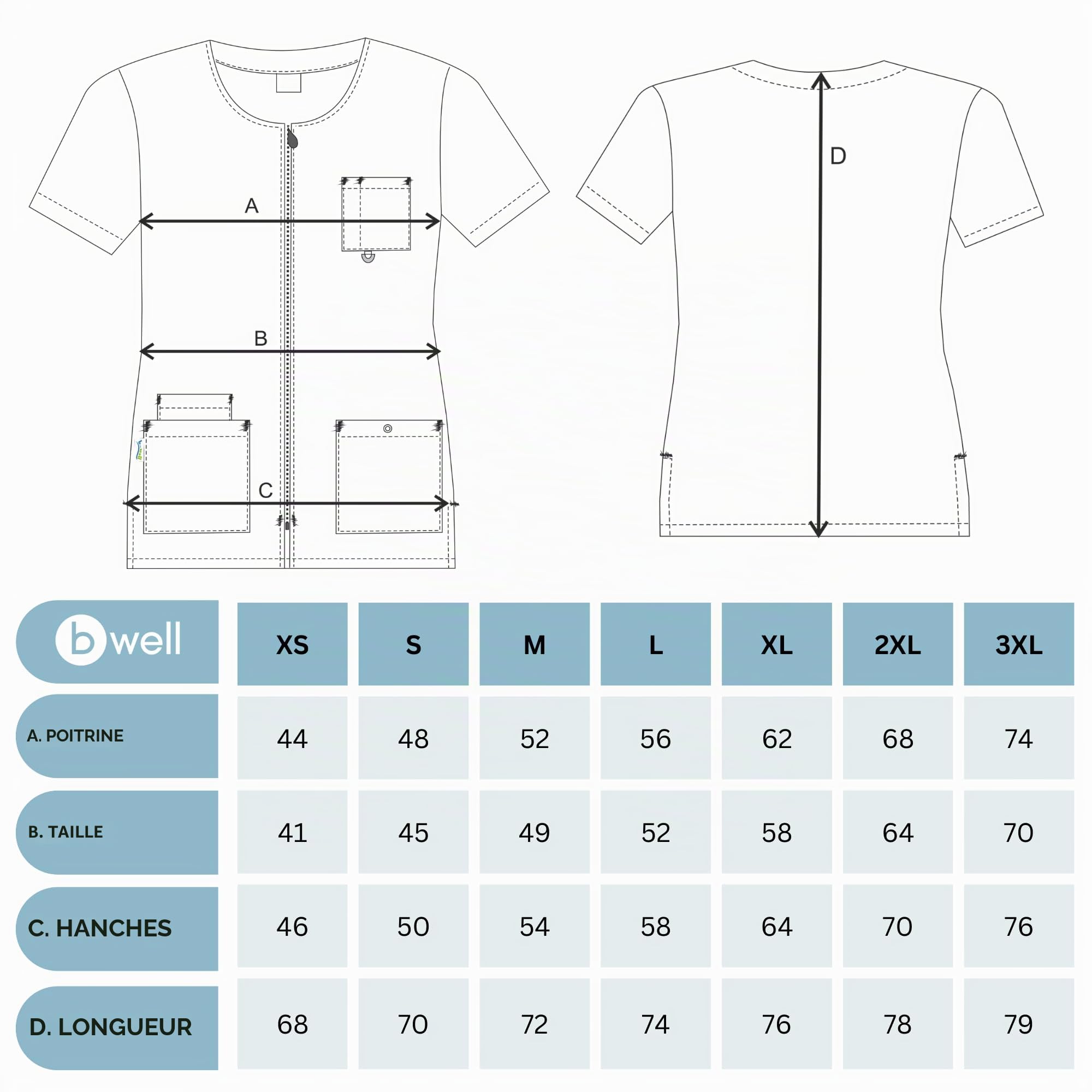 B-well Stella Kasacks Veste de soin pour femme avec fermeture éclair, à manches courtes, 4 poches