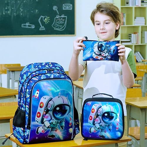 Miniatura 8 de KLFVB Mochila de dinosaurio de 3 piezas para niños, bolsa de libros y lonchera de 16 pulgadas, mochilas preescolares para estudiantes de primaria