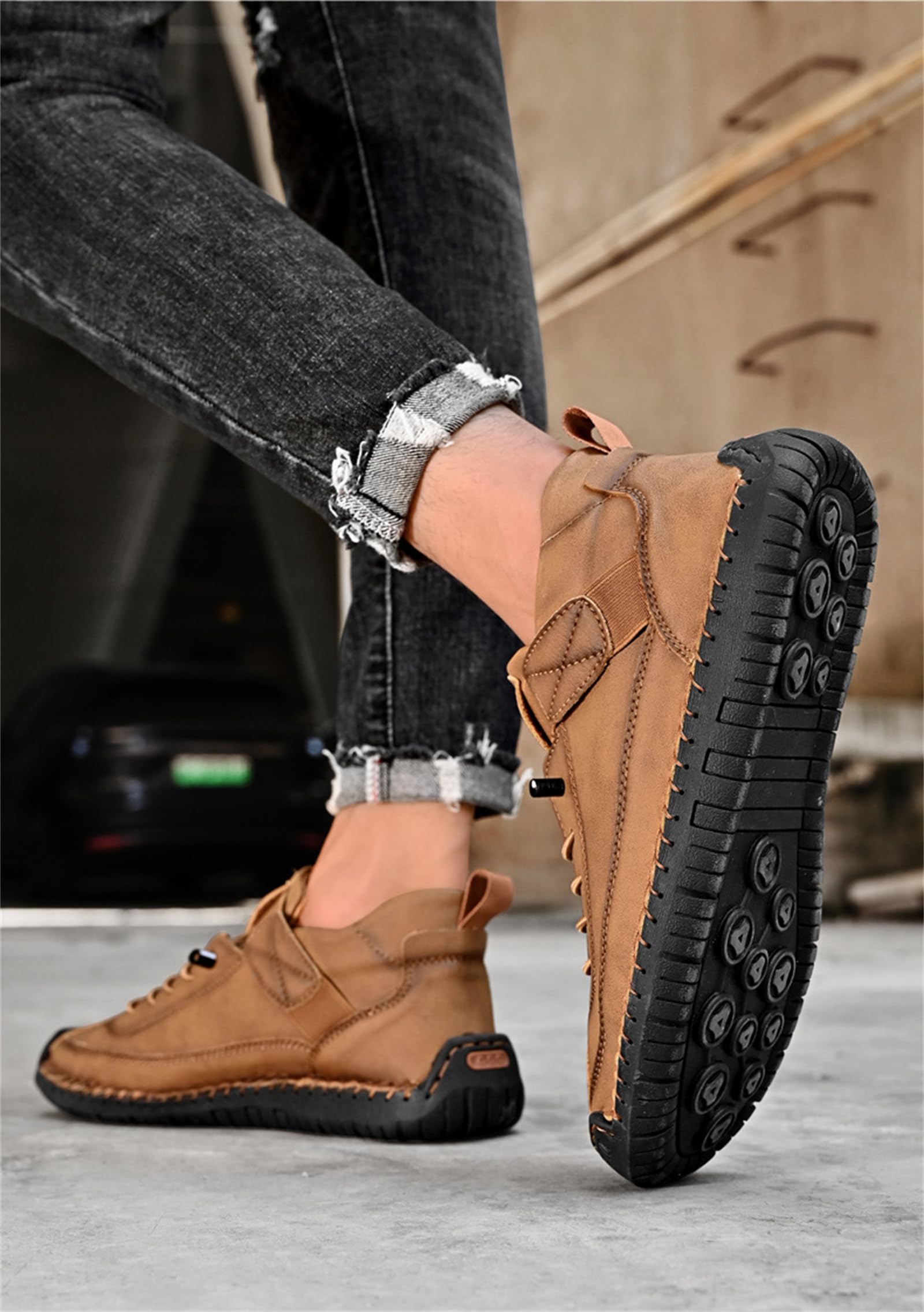Scarpe in pelle cucite a mano, comode scarpe ortopediche da uomo in pelle con supporto per arco plantare, spaziosa scatola per dita dei piedi, antiscivolo