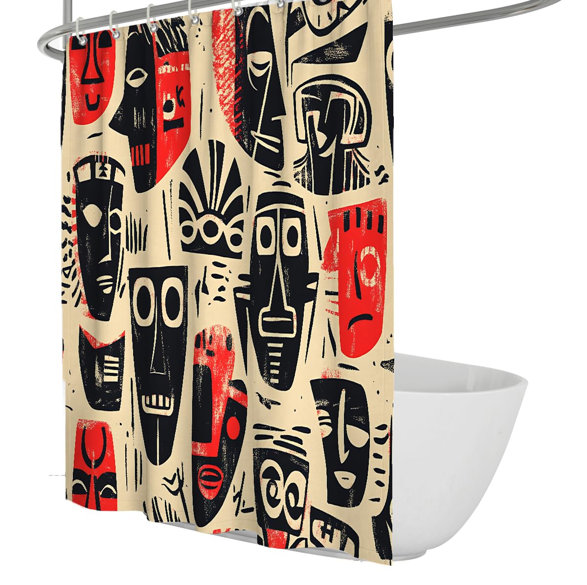 UERWOWELL Modern Abstract Shower Curtain Tribal Face Totem Pattern Bath Curtain with Hooks Red and Black Ethnic Bathroom Decor Waterproof Washable W150xL200 cm