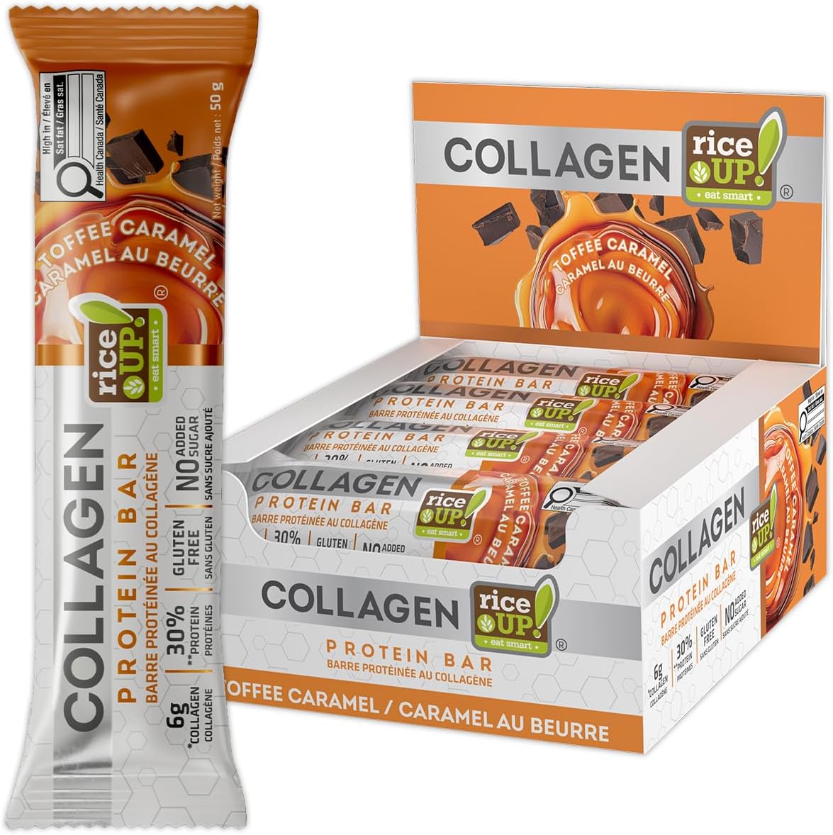 RiceUp! Collagen Protein Bar chocolate toffee caramel 12 x 50g | 6g Collagen | 30% Protein | Gluten Free | Zero Added Sugar | Palm Oil Free | Preservatives Free | Source of fibre