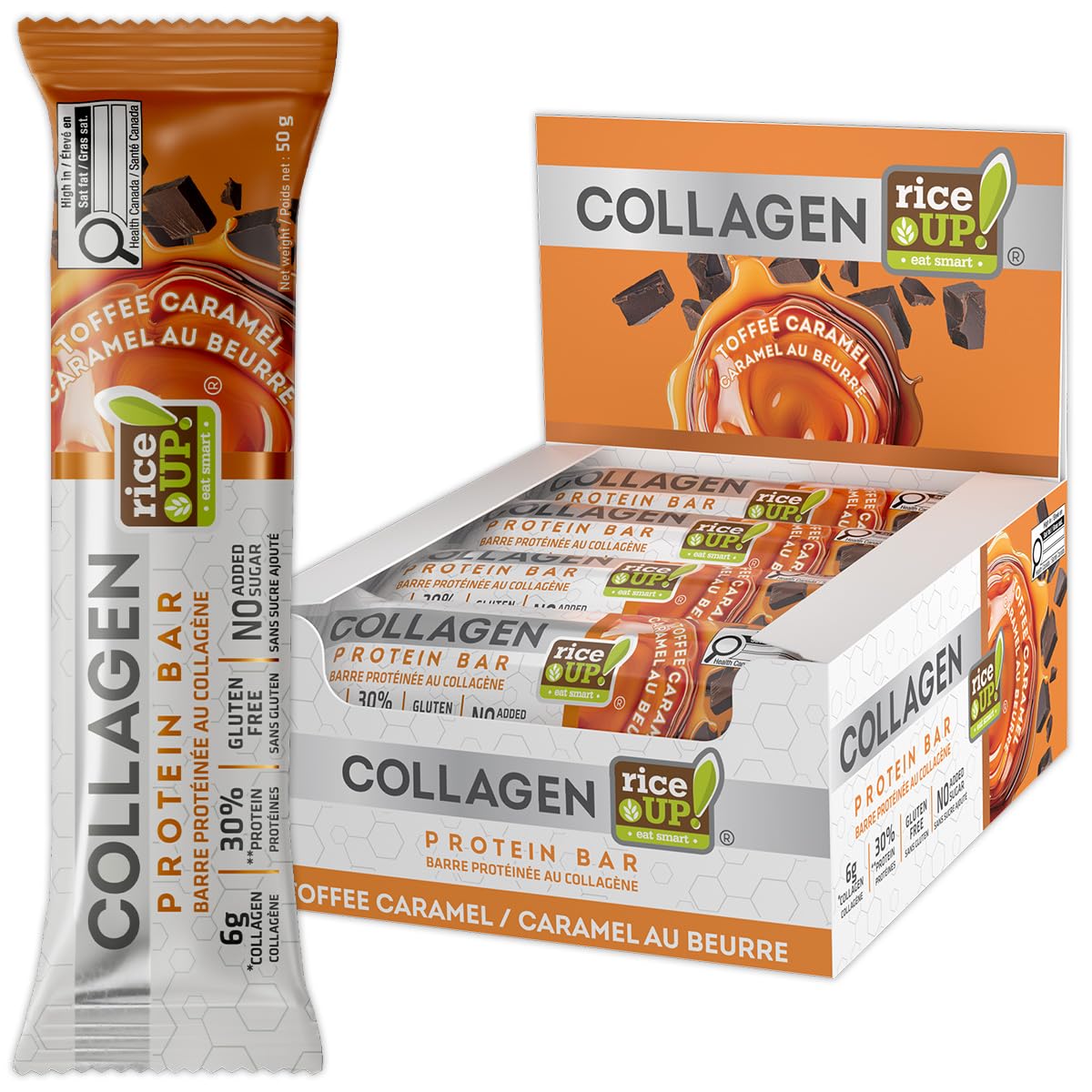RiceUp! Collagen Protein Bar chocolate toffee caramel 12 x 50g | 6g Collagen | 30% Protein | Gluten Free | Zero Added Sugar | Palm Oil Free | Preservatives Free | Source of fibre