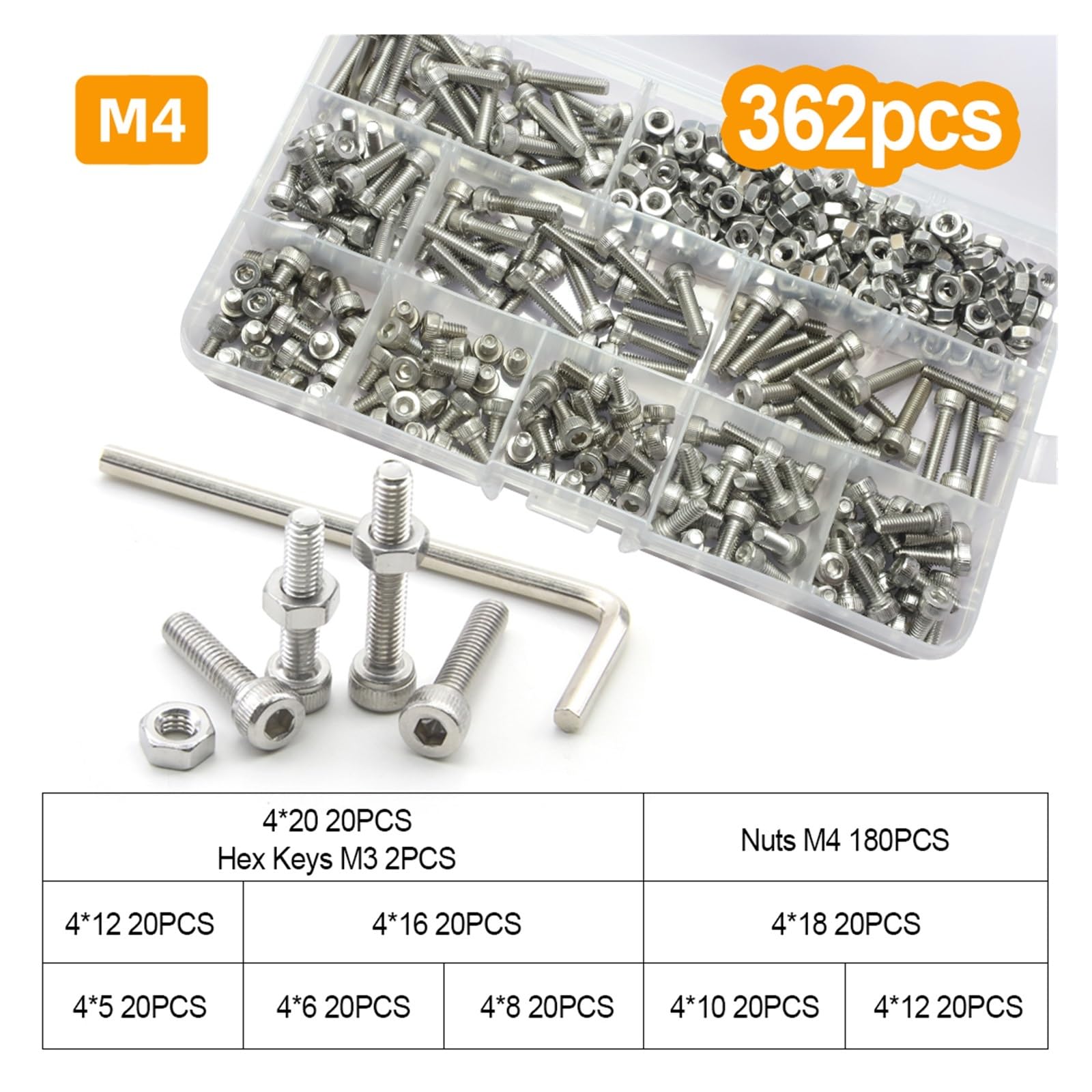 Innensechskantschrauben und Muttern M2 M2,5 M3 M4 M5 M6 Edelstahl-Inbusschrauben-Muttern-Unterlegscheiben-Sortiment-Kit(Color:M4 362pcs)