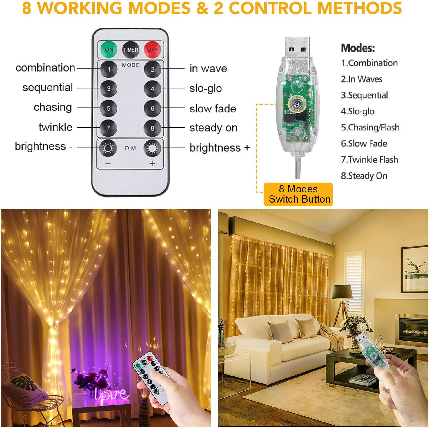 Curtain String Lights, USB Powered Hanging Fairy Lights(7.9Ft x 5.9Ft), 8 Lighting Modes with Remote Dimmable, IP64 Waterproof for Party Bedroom Wall Twinkle Indoor Outdoor Decoration Warm White