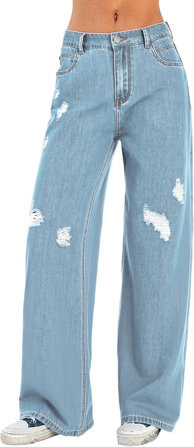 Women Wide Leg Jeans Lightweight Soft Baggy Drawstring Denim Pants Pull On Straight Leg Casual Summer Trousers
