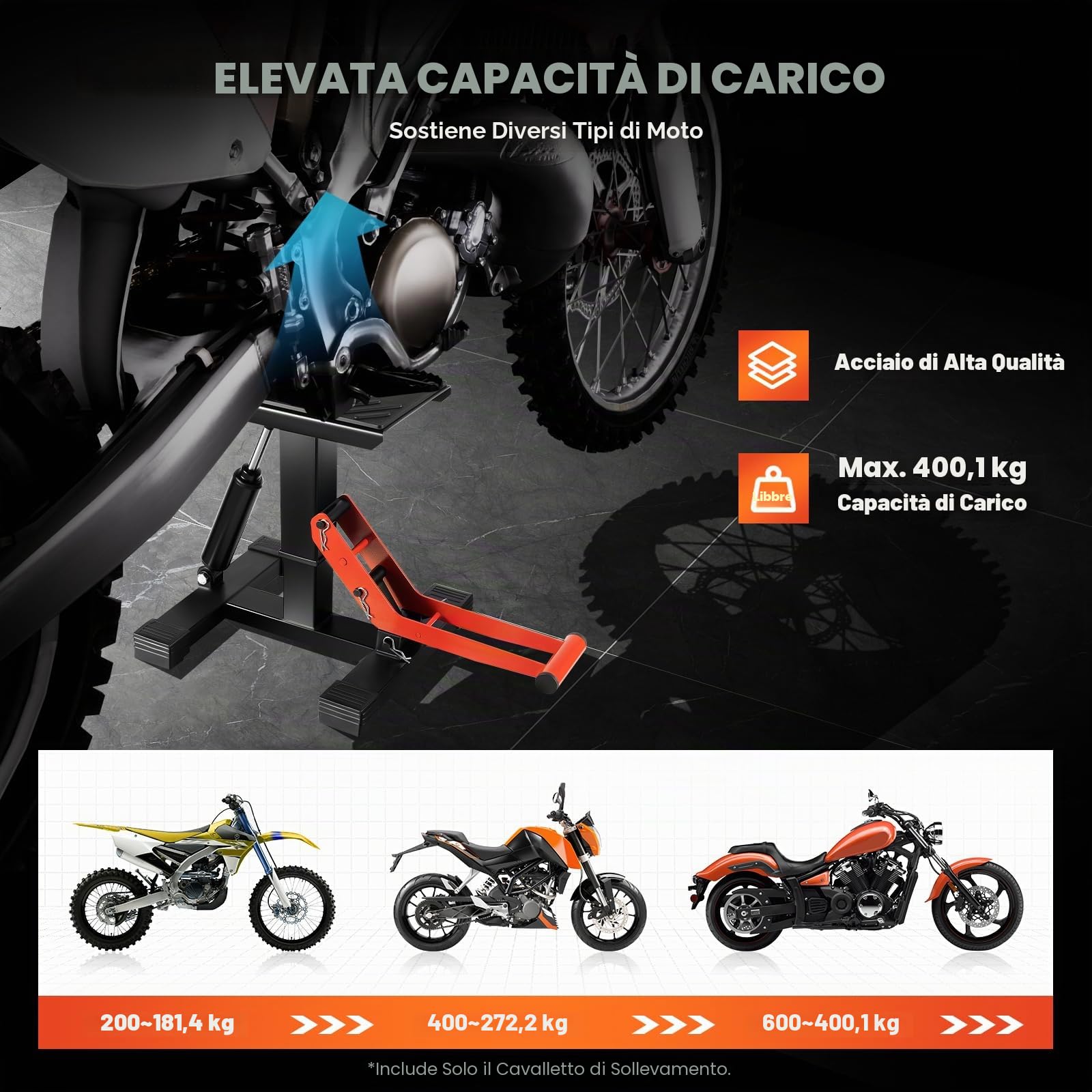 Cavalletto idraulico per moto, ponte sollevatore professionale per moto, supporto per moto, cavalletto universale per moto, portata massima 400 kg