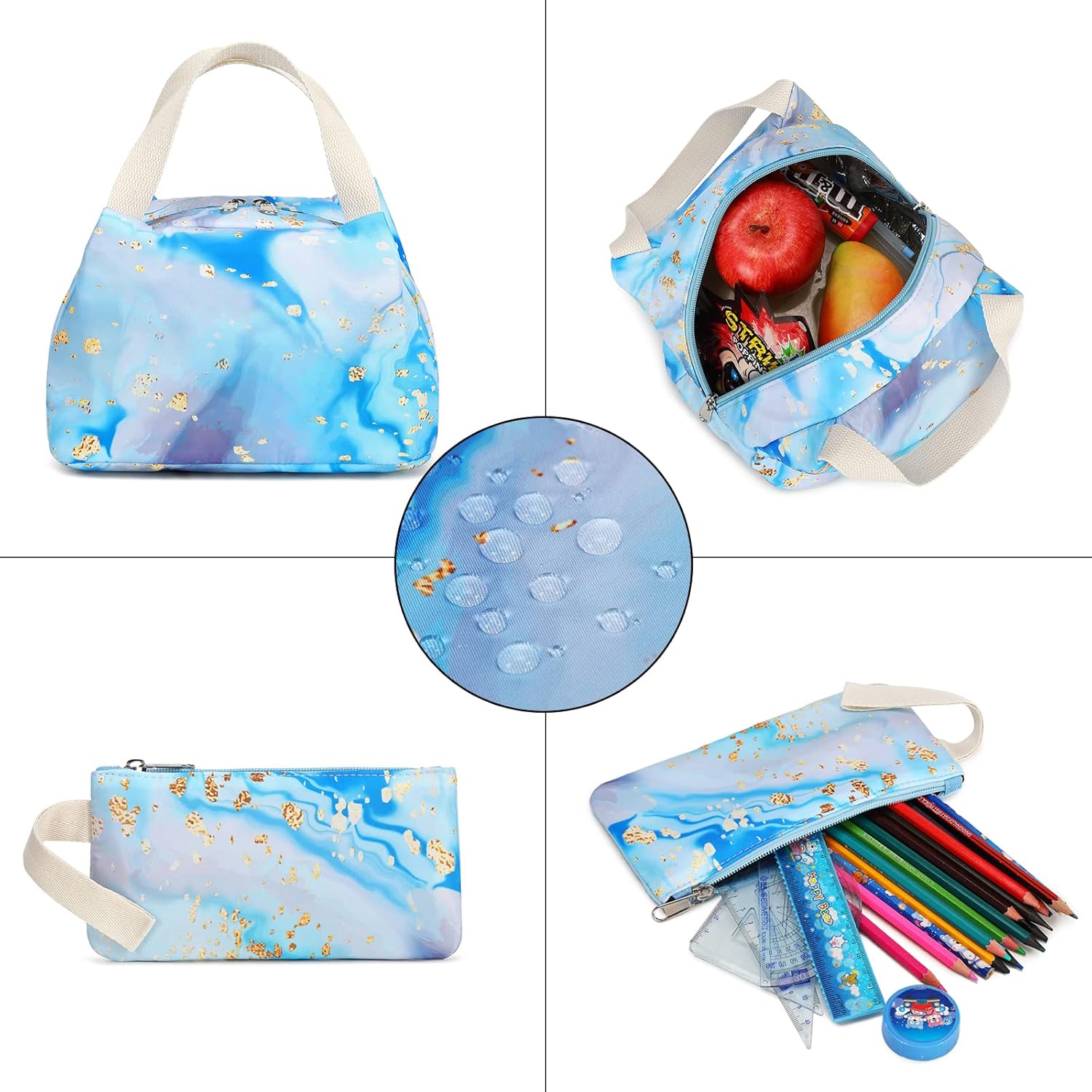 Teen Girls School Backpack Kids Bookbag Set with Lunch Box Pencil Case, Travel Laptop Backpack Casual Daypacks (Blue-marble)