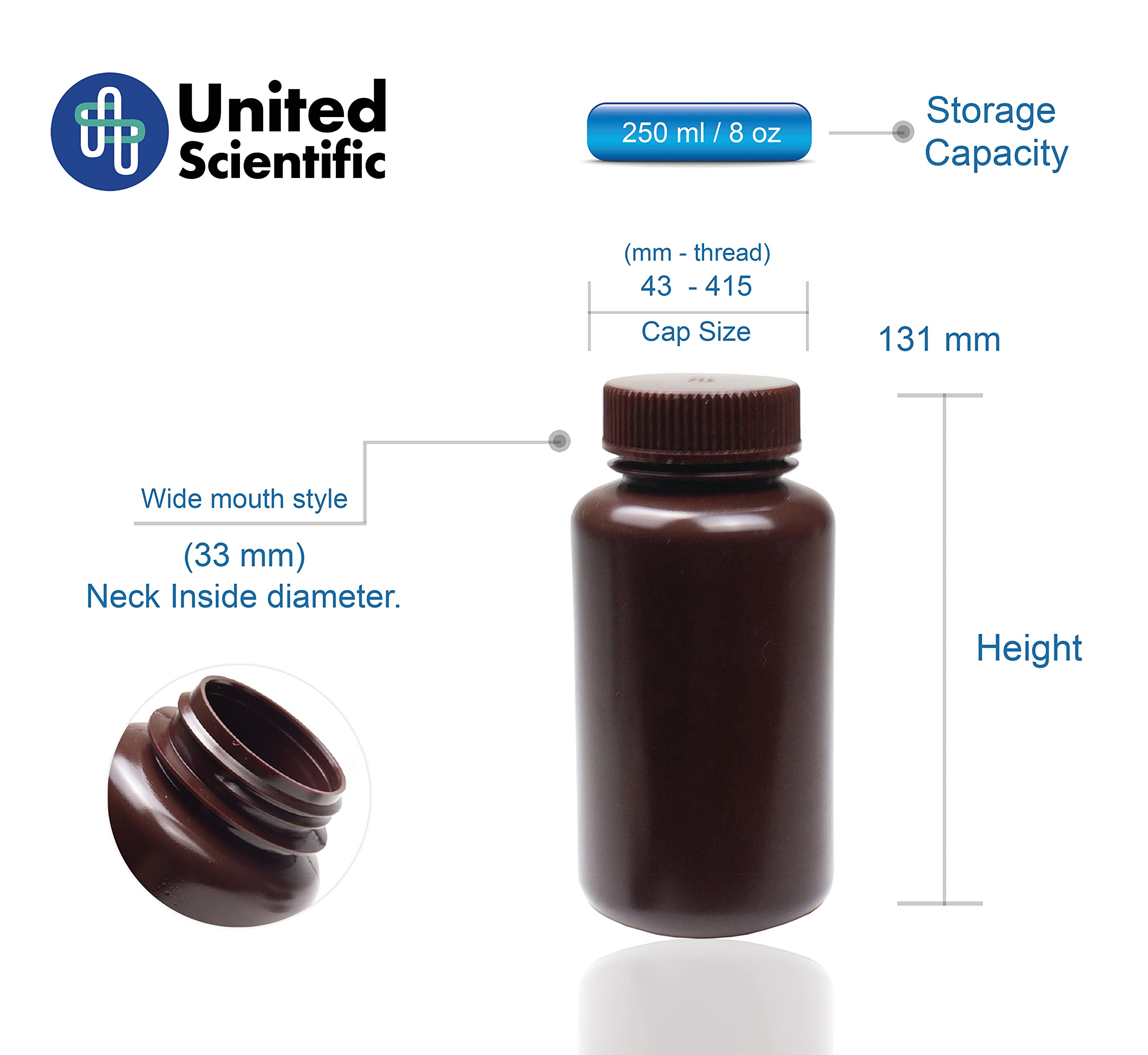 United Scientific® - Sample Containers with Lids - Amber HDPE Wide Mouth Reagent Bottle - Chemical Container - 8 oz Bottles (250mL) Multi-Purpose Plastic Bottles with Lids, Pack of 12