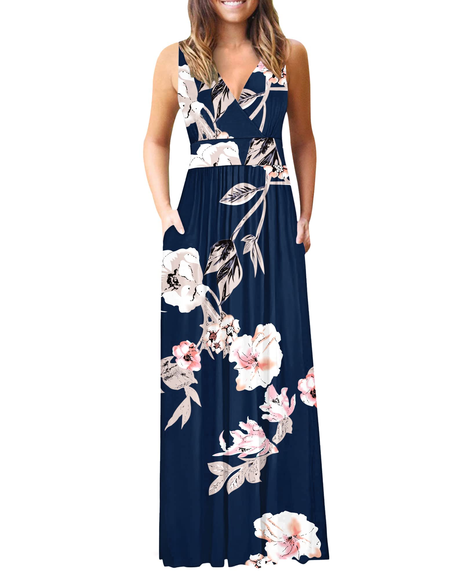 AUSELILY Ete Robe Longue Femme Maxi Robe V Col sans Manches avec Poches