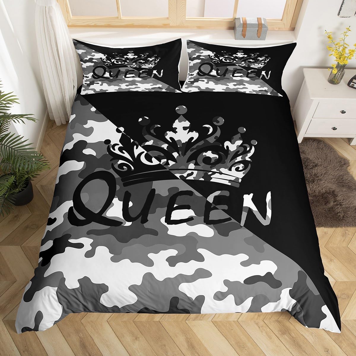 Manfei Queen Crown Duvet Cover Set Toddler Size, Grey Black Camouflage Bedding Set 2pcs, Camo Crown Comforter Cover, Kids Boys Girls Room Decor, Soft Polyester Quilt Cover, 1 Pillowcase, No Comforter
