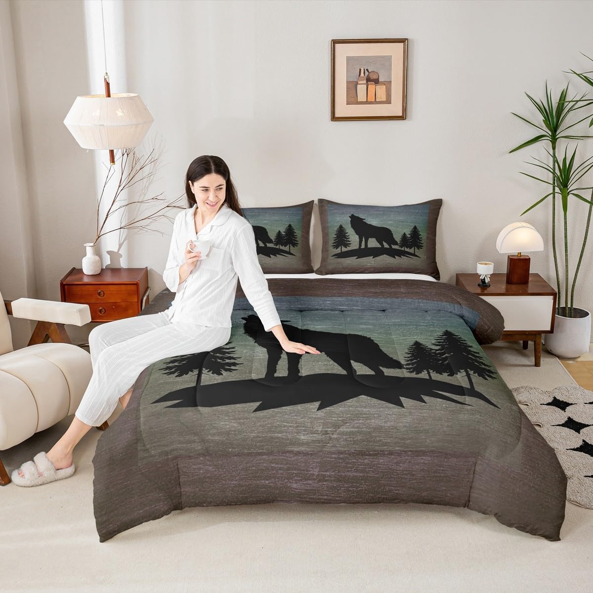 Feelyou Wolf Bedding Set Comforter Set Rustic Western Farmhouse Comforter Cover for Boys Girls Teens Decor Retro Wildlife Animal Duvet Set King Size with 2 Pillow Case Boys