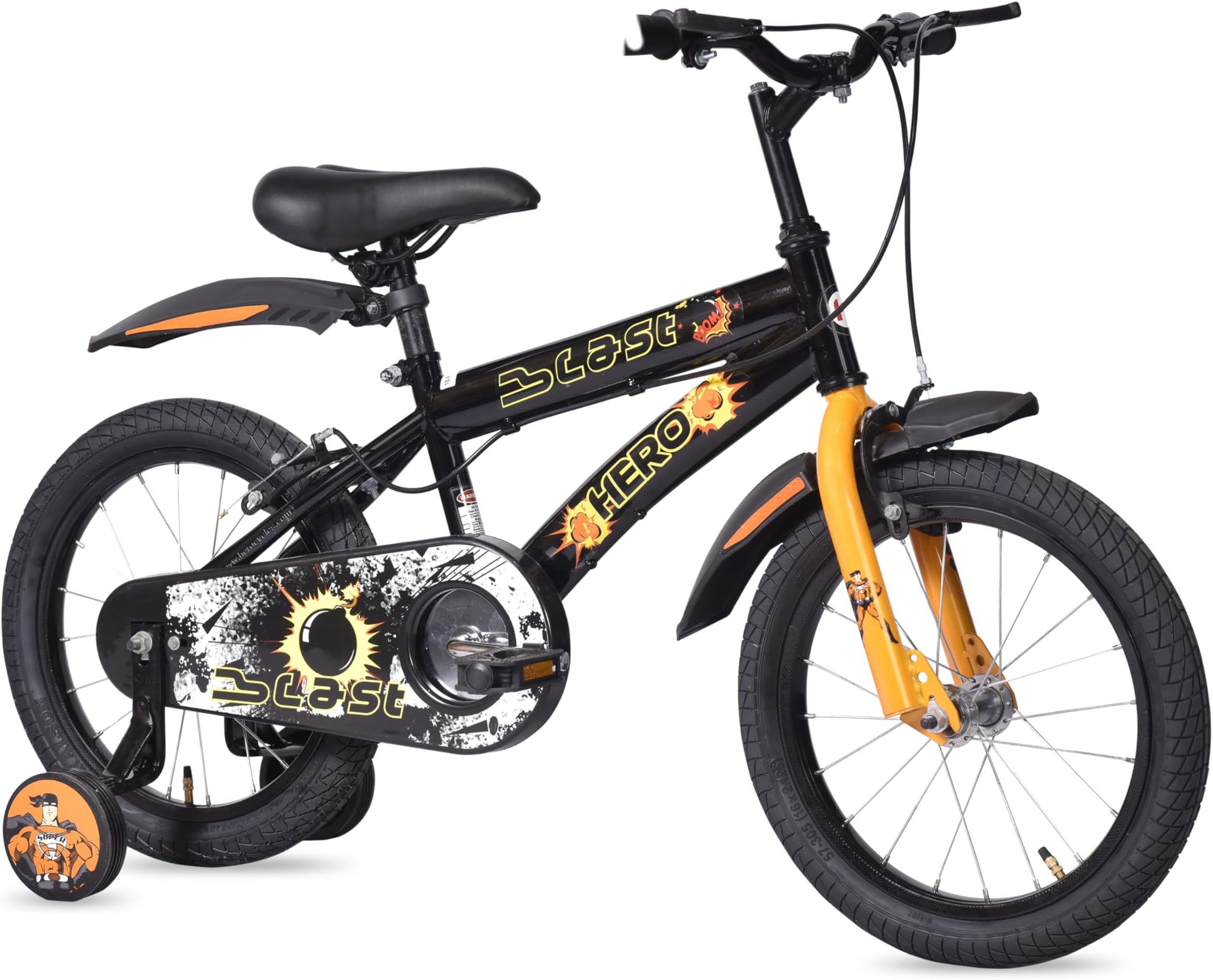 Blast 16T Single Speed Bicycle for Kids with Training Wheels | Black | Rigid | Caliper Brake | 12" Steel Frame | Rider Height : 3ft 6" - 3ft 11" | 95% Pre-Assembled(Ready to Ride in 5 Mins)