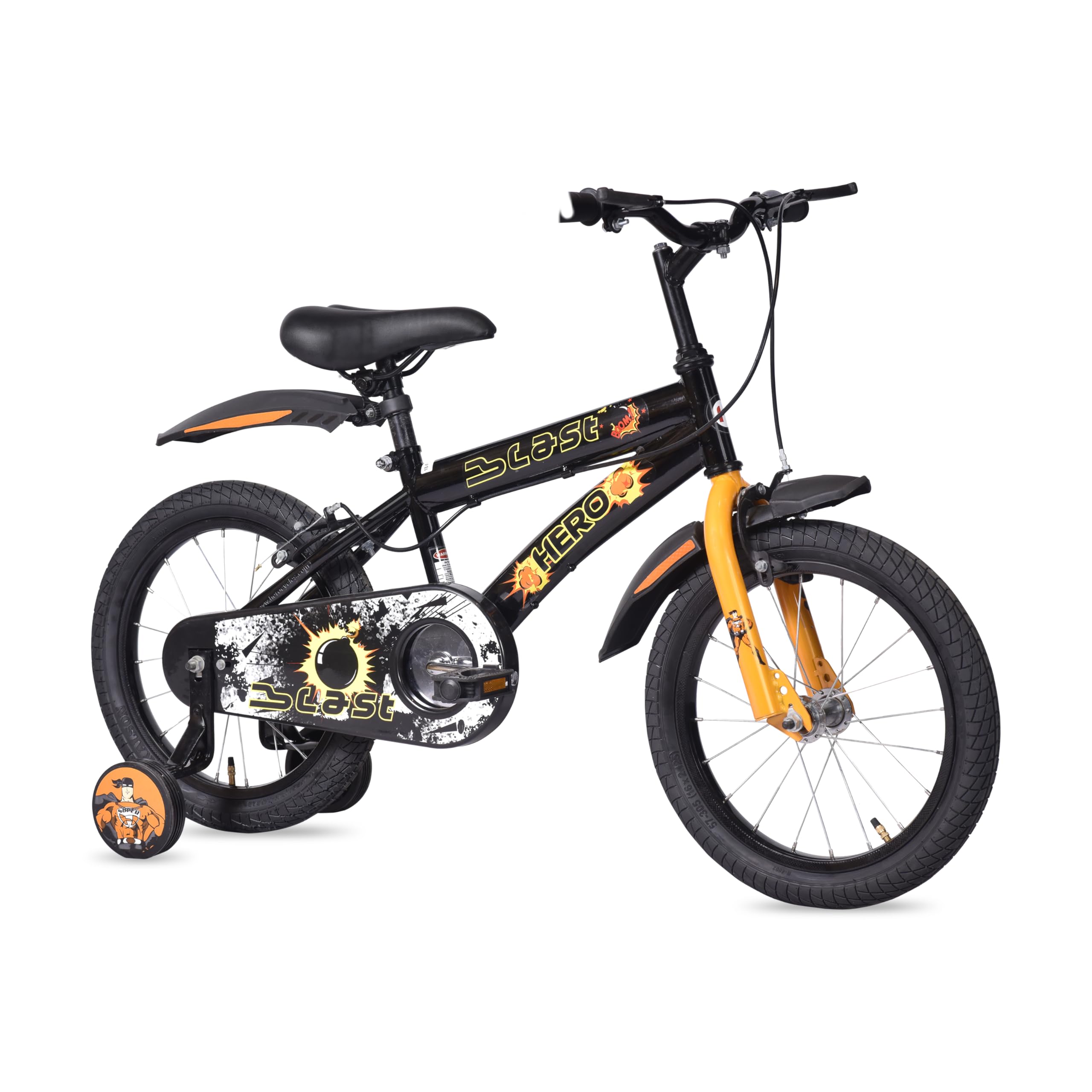 Hero Blast 16T Single Speed Bicycle for Kids with Training Wheels | Black | Rigid | Caliper Brake | 12" Steel Frame | Rider Height : 3ft 6" - 3ft 11" | 95% Pre-Assembled(Ready to Ride in 5 Mins)