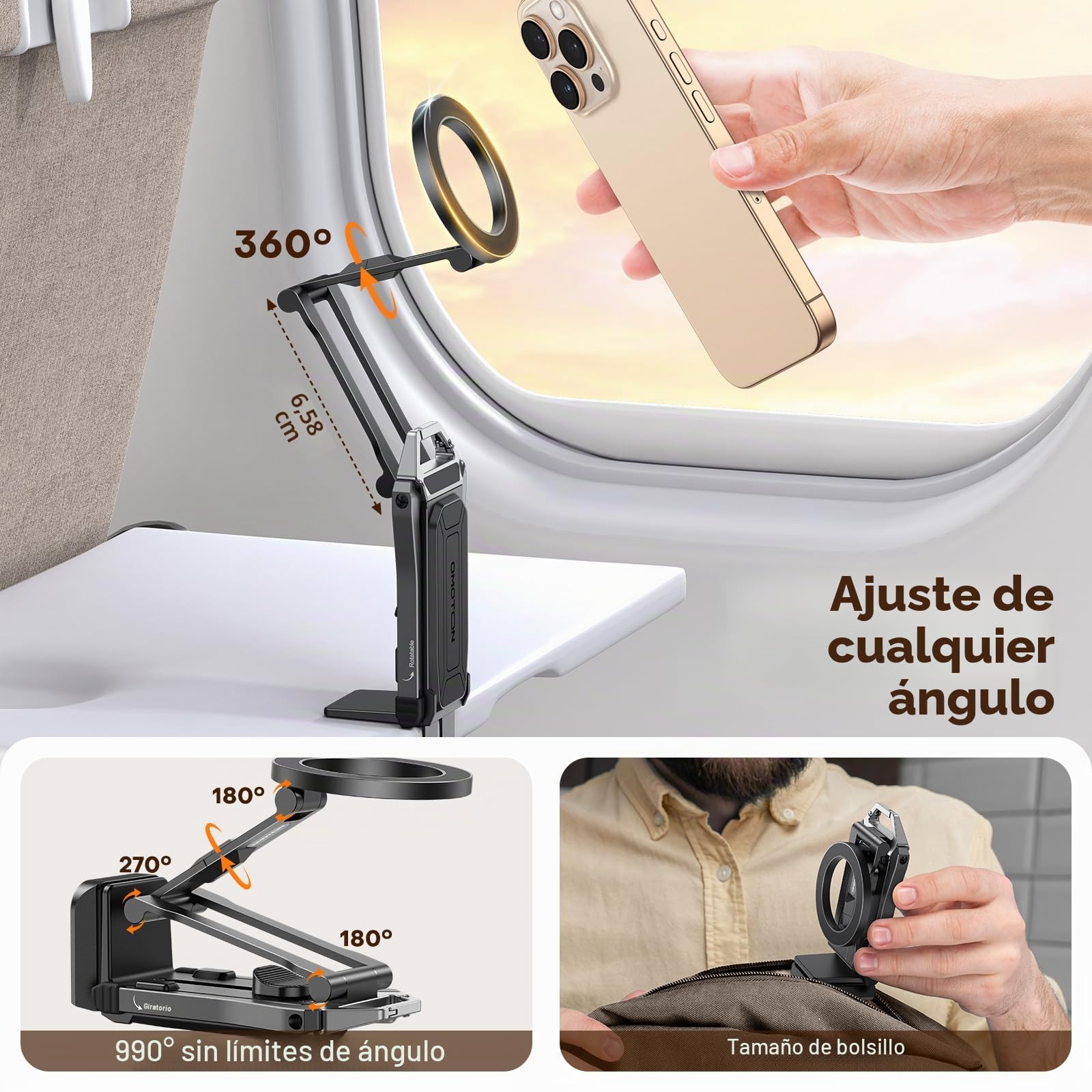 OMOTON TP02 Pro Trípode 360° Giratorio para MagSafe, con Tornillo de 1/4" y Placa Arca Swiss, imán Trasero, Kit Esencial para Creadores de Contenido y Gimnasio. Palo Selfie para iPhone 12-17 Series