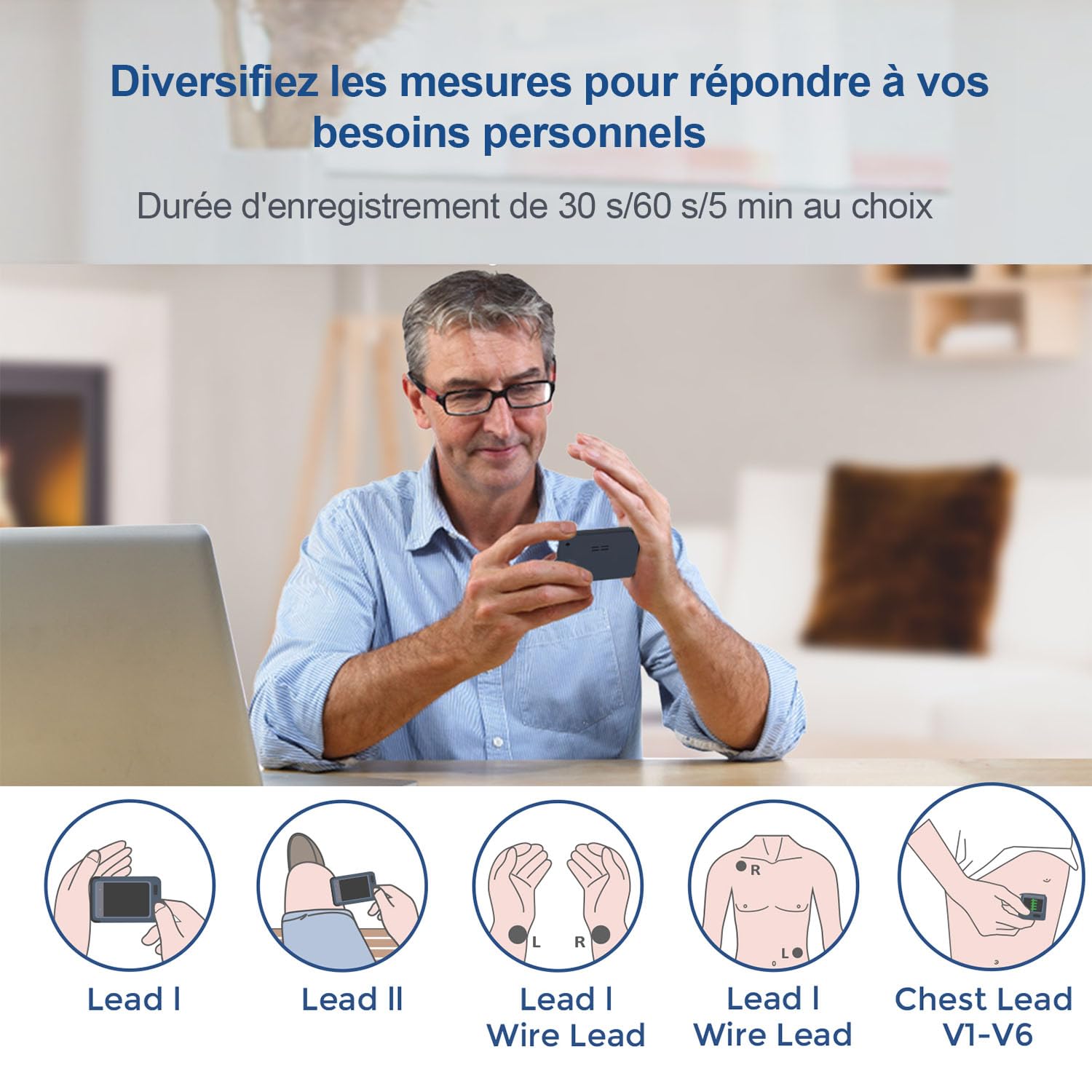 CheckMe Plus Appareil ECG Portable pour Usage Domestique, Fonction d'Analyse ECG, 30s 60s 5min Moniteur ECG Bluetooth avec Affichage en Temps Réel, Mémoire Illimitée (Smartphone et PC)