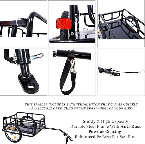 Miniatura 11 de Remolque de carga plegable para bicicleta con enganche universal, capacidad de 110 libras, remolque de bicicleta con ruedas y reflectores de 16