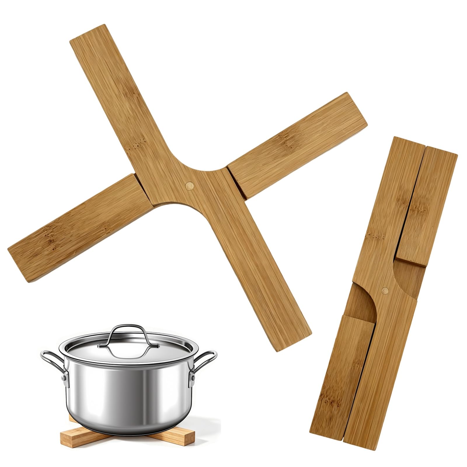 LATRAT Pack of 2 Foldable Bamboo Pot Mats, Heat Resistant Natural Bamboo Coasters, Space-Saving Wooden Trivet Foldable for Kitchen Pot