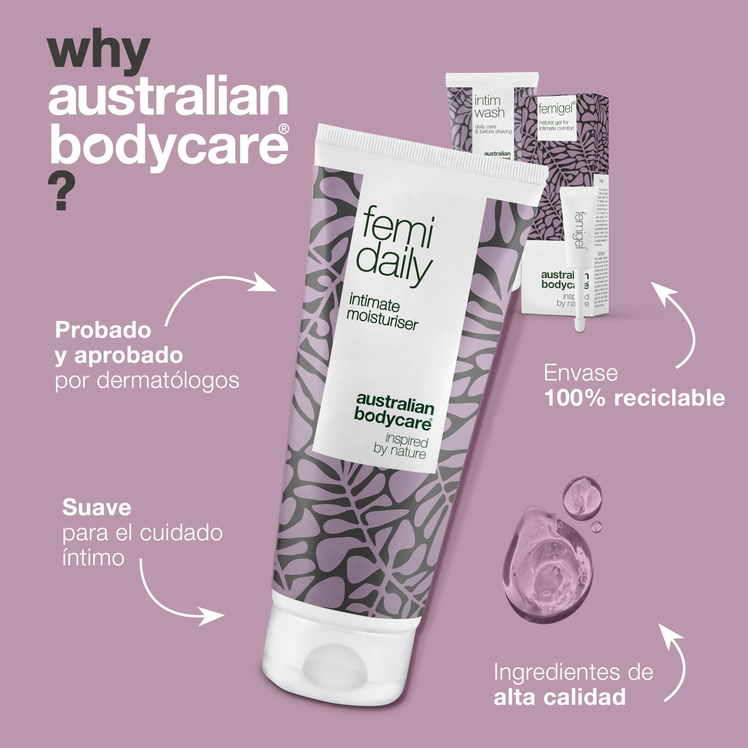 KIT de tratamiento íntimo: 3 productos para el cuidado íntimo | Reduce la sequedad, picazón y enrojecimiento | Contiene: Intim Wash 200 ml + Femi Daily 100 ml + Femigel 5x5 ml | Australian Bodycare