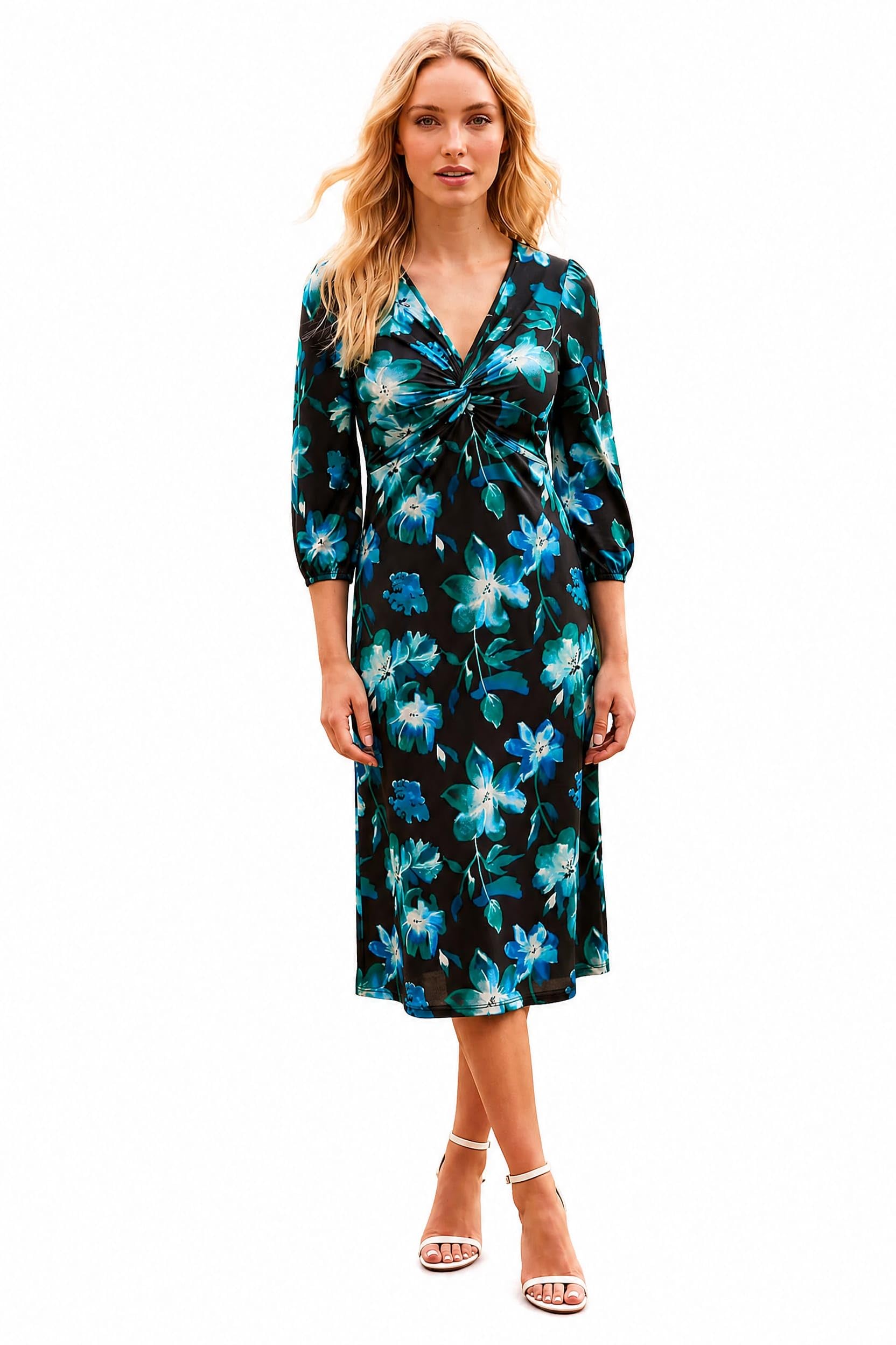 Roman Women's Blue Floral Twist Front Midi Dress In | : Size 14