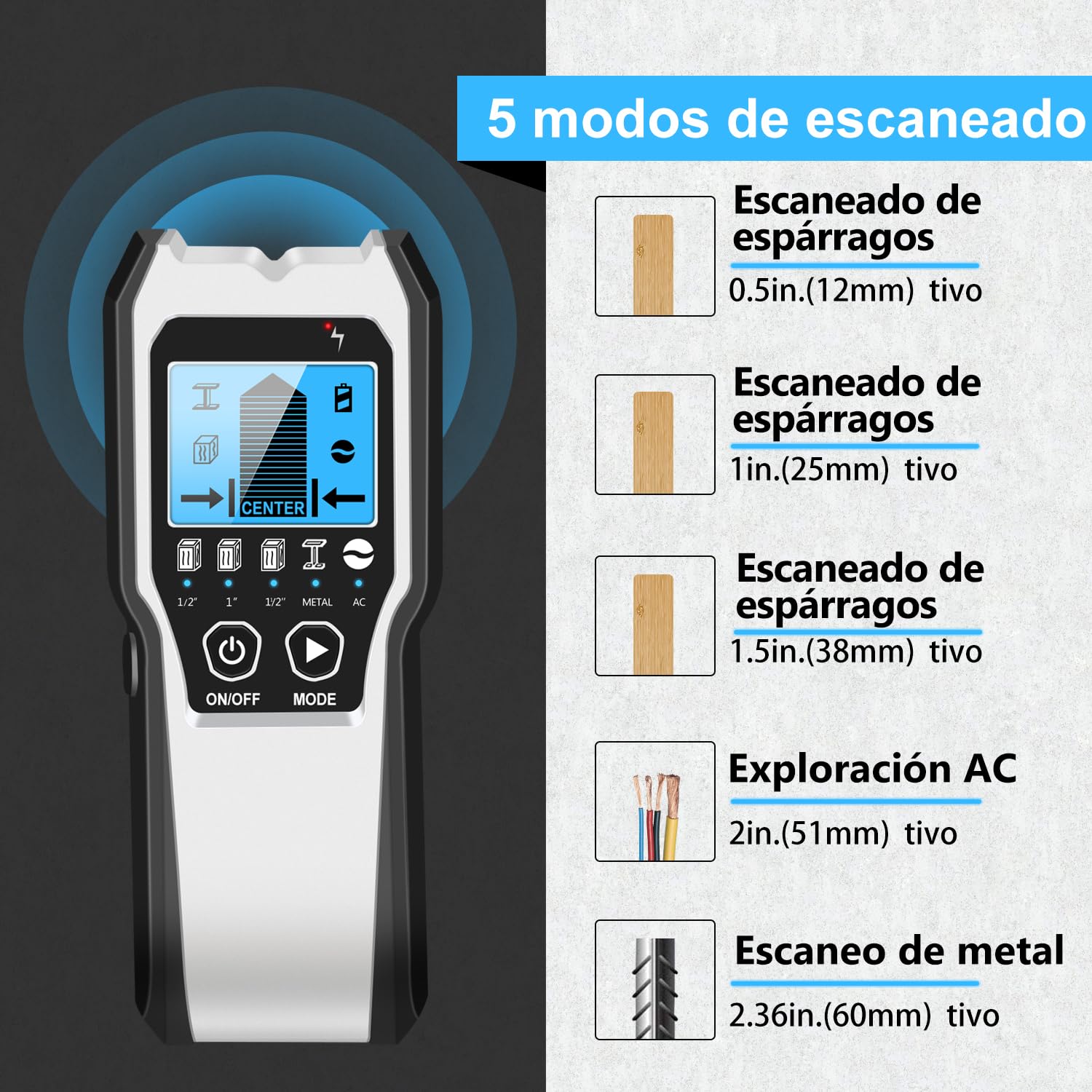 FOLAI Detector de Metales,5 in 1 Detector de Pared Digital y Gráfico,Herramientas Bricolaje,Detector de Metales,Detector Cables y tuberias,Escáner de Pared para Detectar Cables Bajo Tensión y Metales