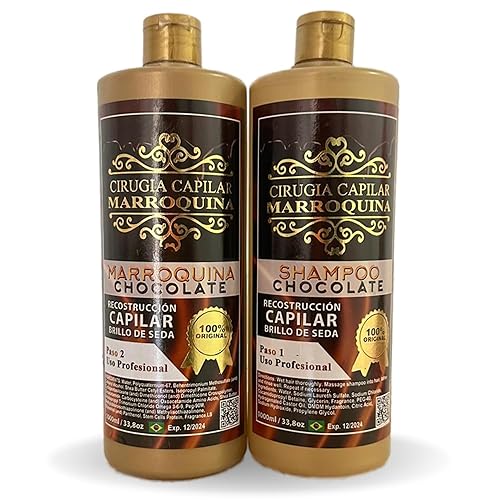 Cirugía Capilar Marroquina Chocolate 33.8 oz Champú Chocolate 33.8 oz Tratamiento Capilar Reconstrucción Capilar Brillo de Seda Alizado y Brillo